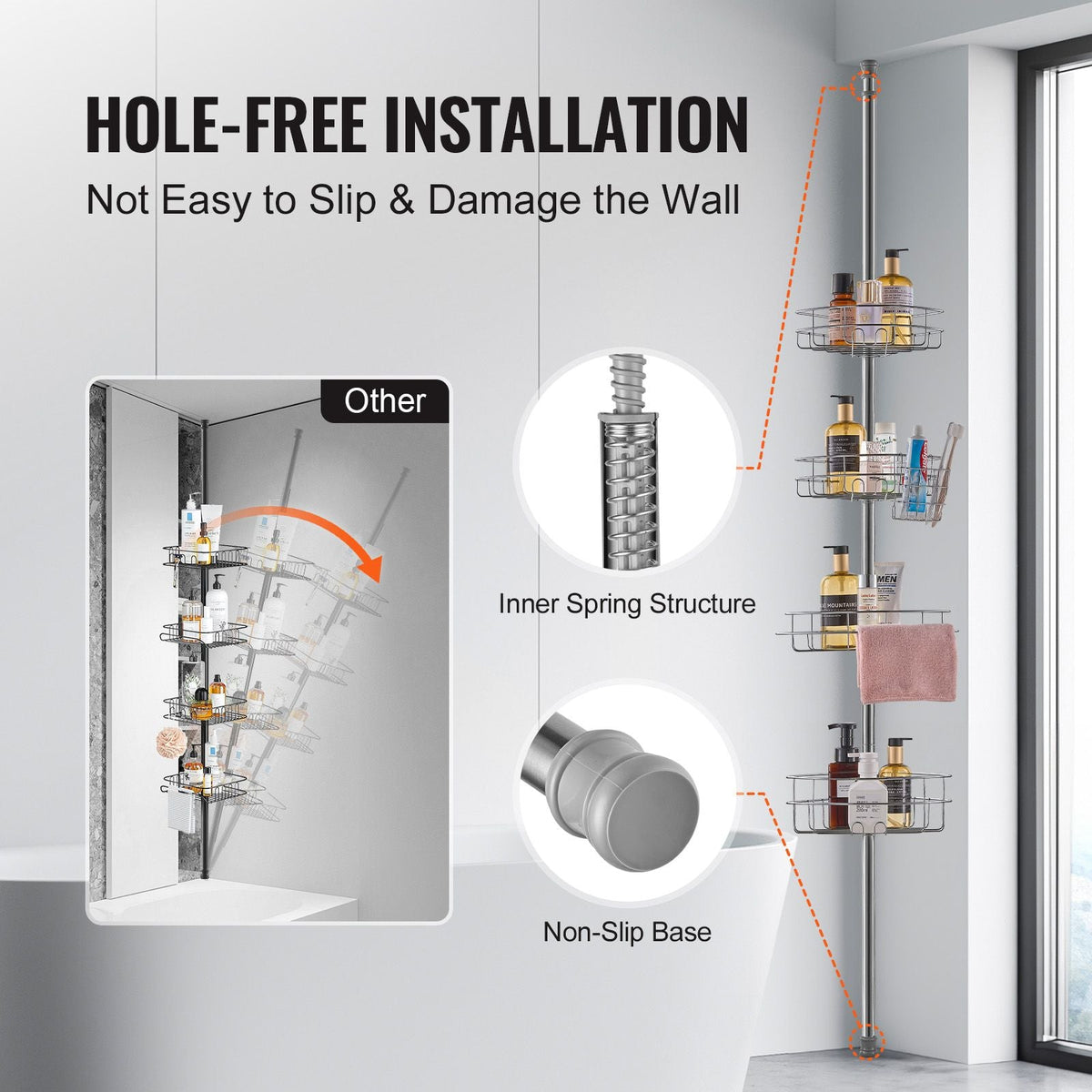 Shower Corner Caddy Tension Pole, 56" to 114" High, Multi-Functional Shower Tension Pole with Strong Load-Bearing Tray, Rust-Proof Easy-to-Install Tension Pole, Fit for Bathroom & Washroom
