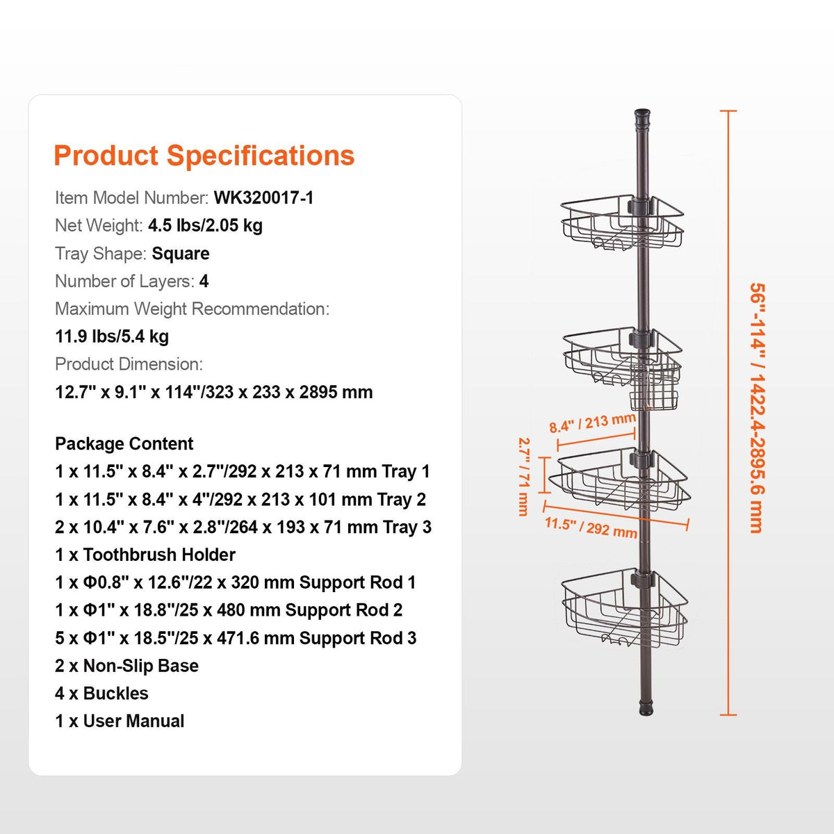 Shower Corner Caddy Tension Pole, 56" to 114" High, Multi-Functional Shower Tension Pole with Strong Load-Bearing Tray, Rust-Proof Easy-to-Install Tension Pole, Fit for Bathroom & Washroom