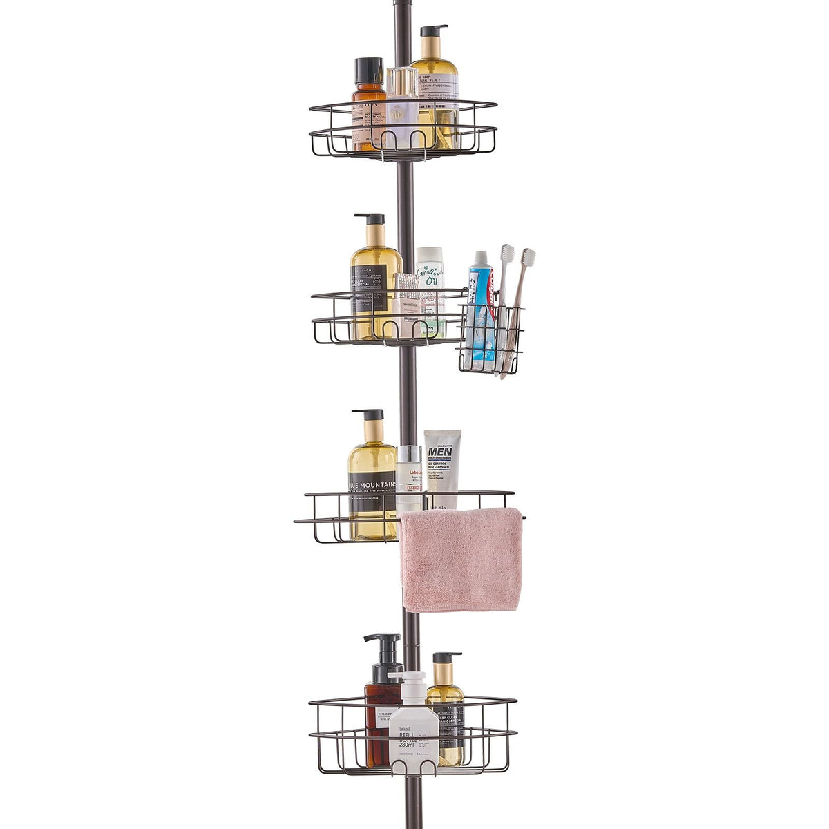 Shower Corner Caddy Tension Pole, 56" to 114" High, Multi-Functional Shower Tension Pole with Strong Load-Bearing Tray, Rust-Proof Easy-to-Install Tension Pole, Fit for Bathroom & Washroom