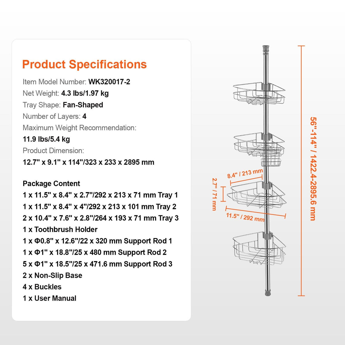Shower Corner Caddy Tension Pole, 56" to 114" High, Multi-Functional Shower Tension Pole with Strong Load-Bearing Tray, Rust-Proof Easy-to-Install Tension Pole, Fit for Bathroom & Washroom