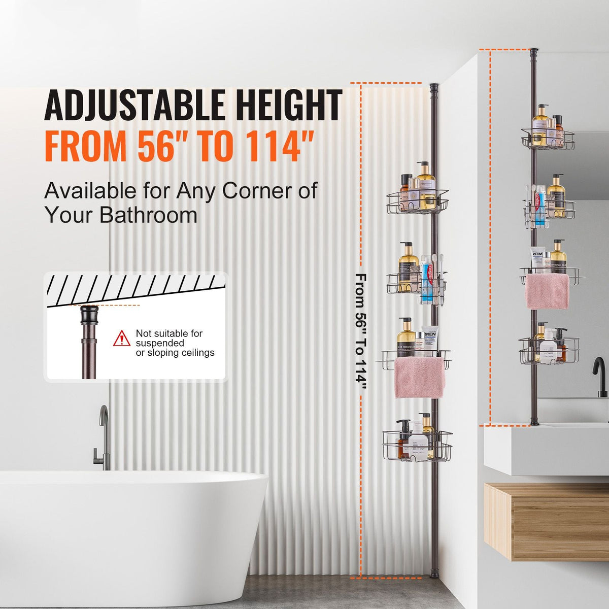 Shower Corner Caddy Tension Pole, 56" to 114" High, Multi-Functional Shower Tension Pole with Strong Load-Bearing Tray, Rust-Proof Easy-to-Install Tension Pole, Fit for Bathroom & Washroom