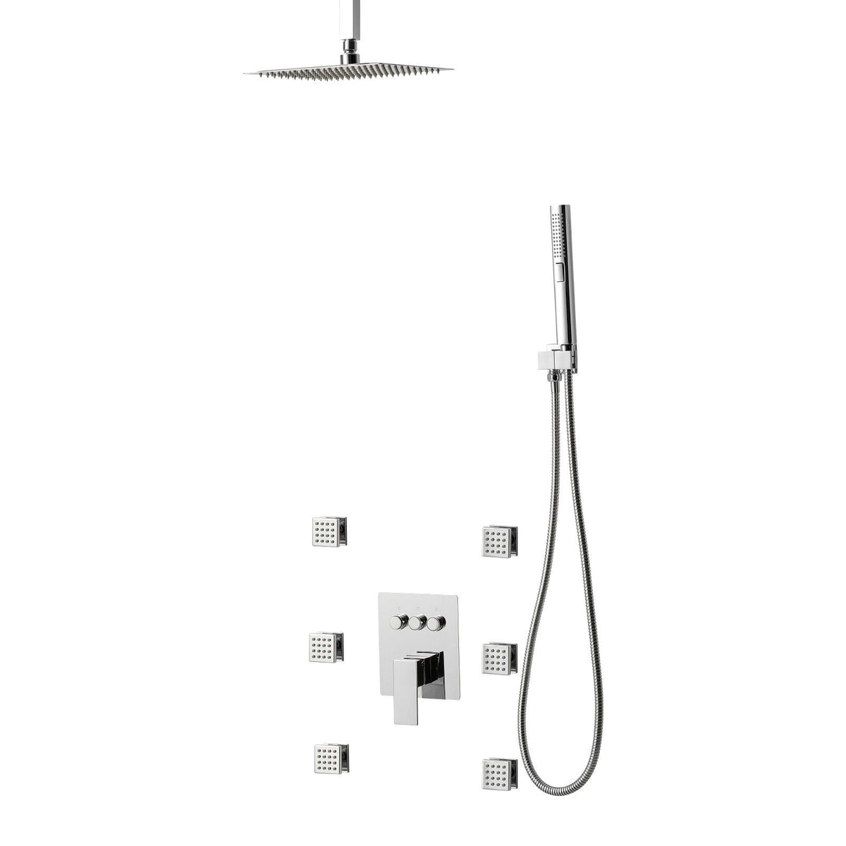 Shower Faucet Set, 10 Inch Ceiling Mount Rainfall Shower System with 6 Body Jets and 2 in 1 Handheld Spray, Rotatable 3-Function Rain Head System Set, Complete Brass Valve and Trim Kit, Chrome