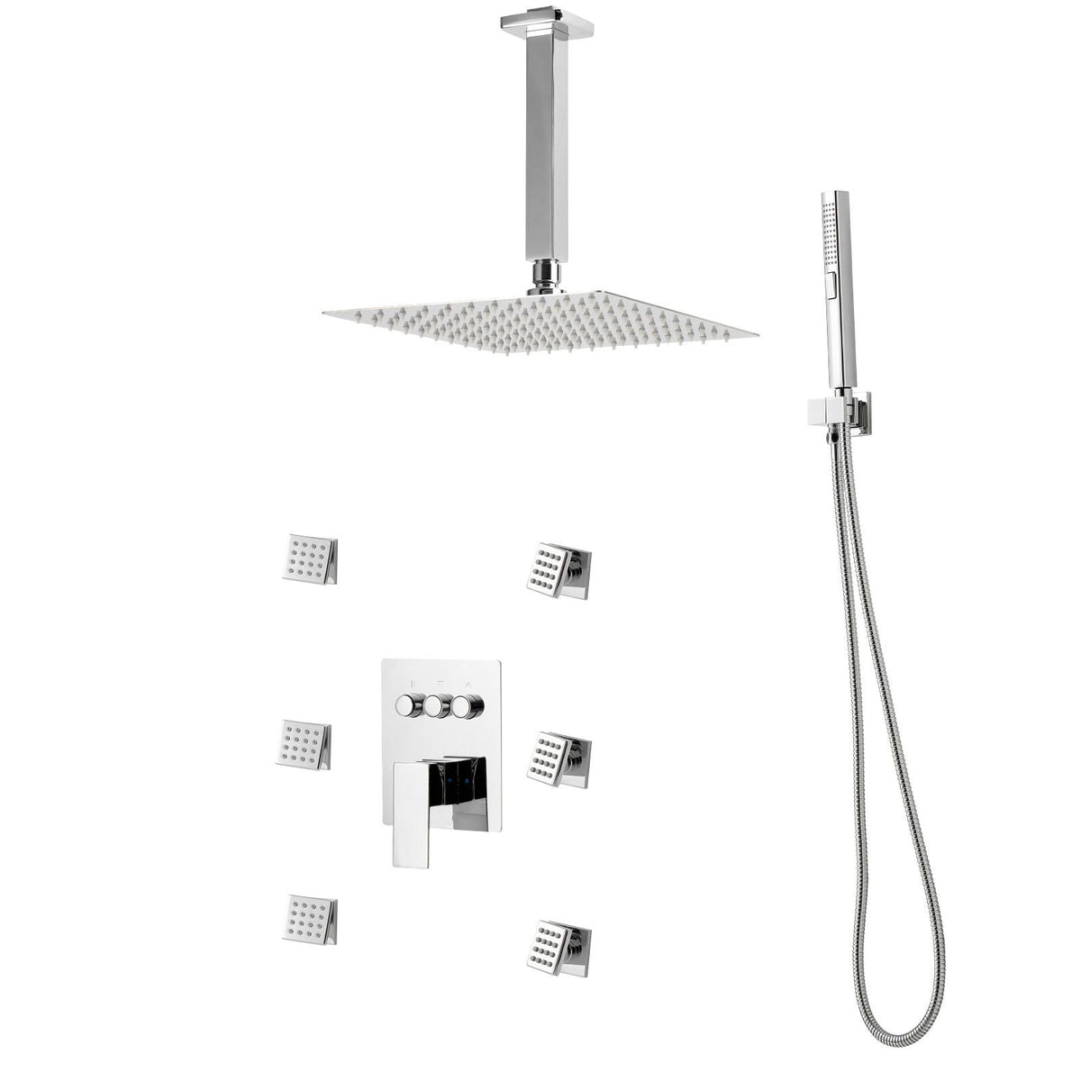 Shower Faucet Set, 10 Inch Ceiling Mount Rainfall Shower System with 6 Body Jets and 2 in 1 Handheld Spray, Rotatable 3-Function Rain Head System Set, Complete Brass Valve and Trim Kit, Chrome