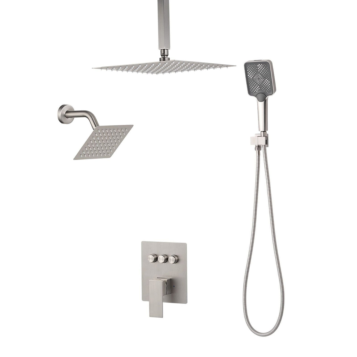 Shower Faucet Set, 12 Inch Ceiling Mount Rainfall Shower System with 6 Inch Wall Mount Head and 4 in 1 Handheld Spray, Rotatable 3-Function Dual Rain Head Brass Valve & Trim Kit, Brushed Nickel