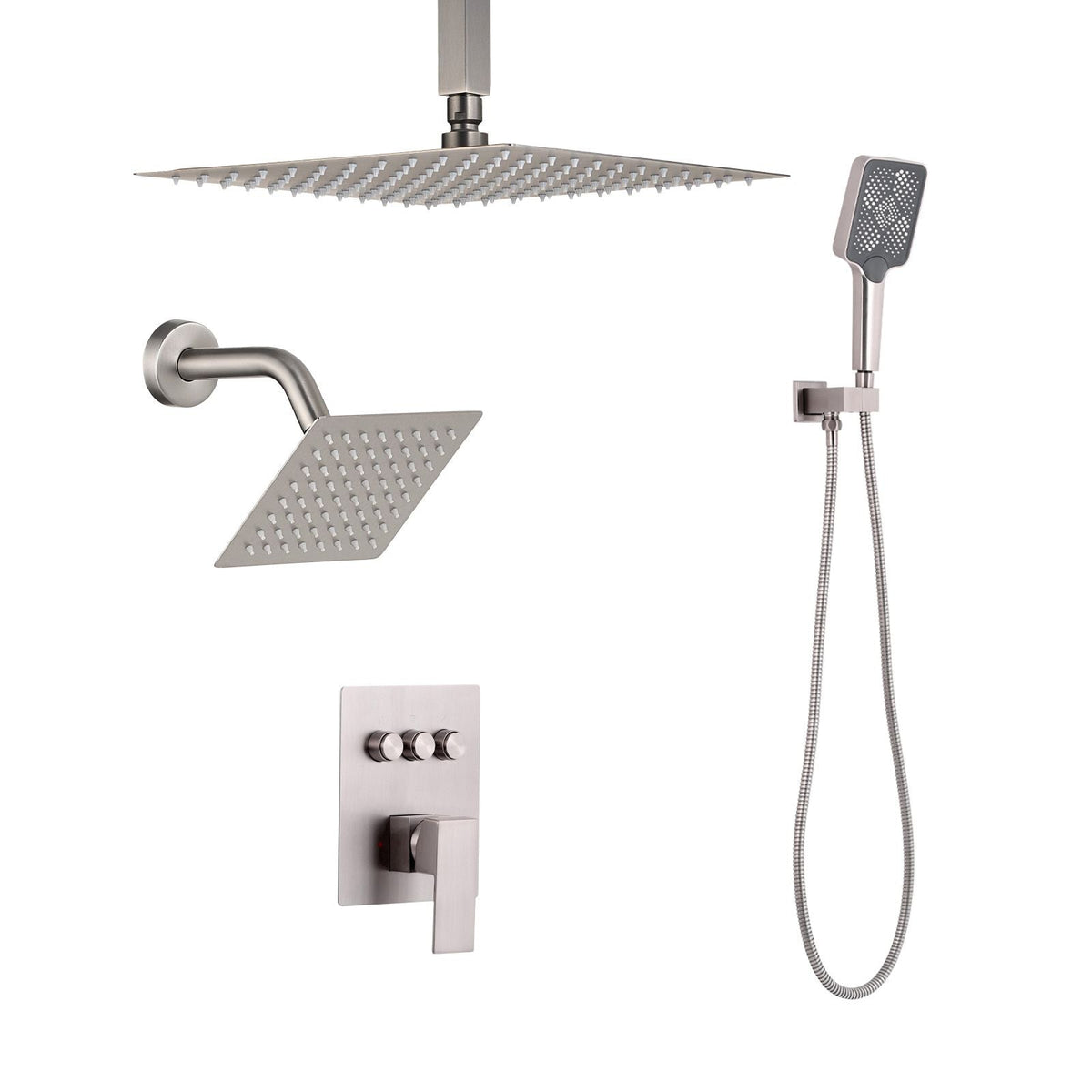 Shower Faucet Set, 12 Inch Ceiling Mount Rainfall Shower System with 6 Inch Wall Mount Head and 4 in 1 Handheld Spray, Rotatable 3-Function Dual Rain Head Brass Valve & Trim Kit, Brushed Nickel