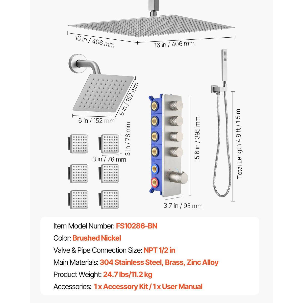 Shower Faucet Set, 16 Inch Thermostatic Ceiling Mount Rainfall Shower System with 6 Inch Wall Mount Head, 6 Body Jets and Handheld Spray, Dual Rain Head Brass Valve and Trim Kit, Brushed Nickel