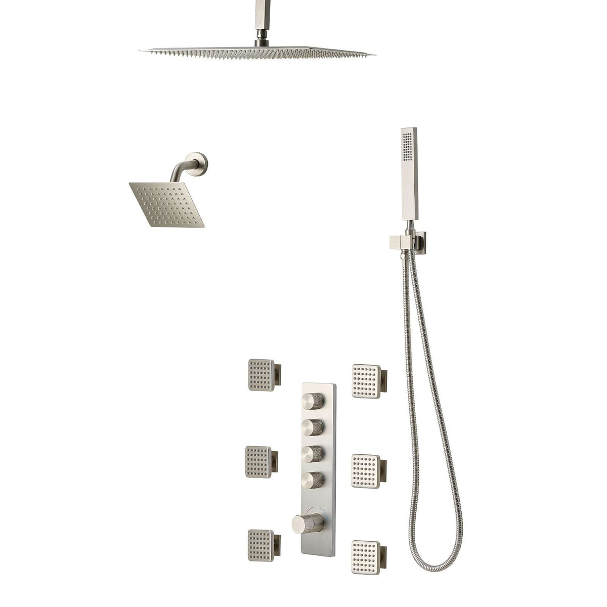 Shower Faucet Set, 16 Inch Thermostatic Ceiling Mount Rainfall Shower System with 6 Inch Wall Mount Head, 6 Body Jets and Handheld Spray, Dual Rain Head Brass Valve and Trim Kit, Brushed Nickel