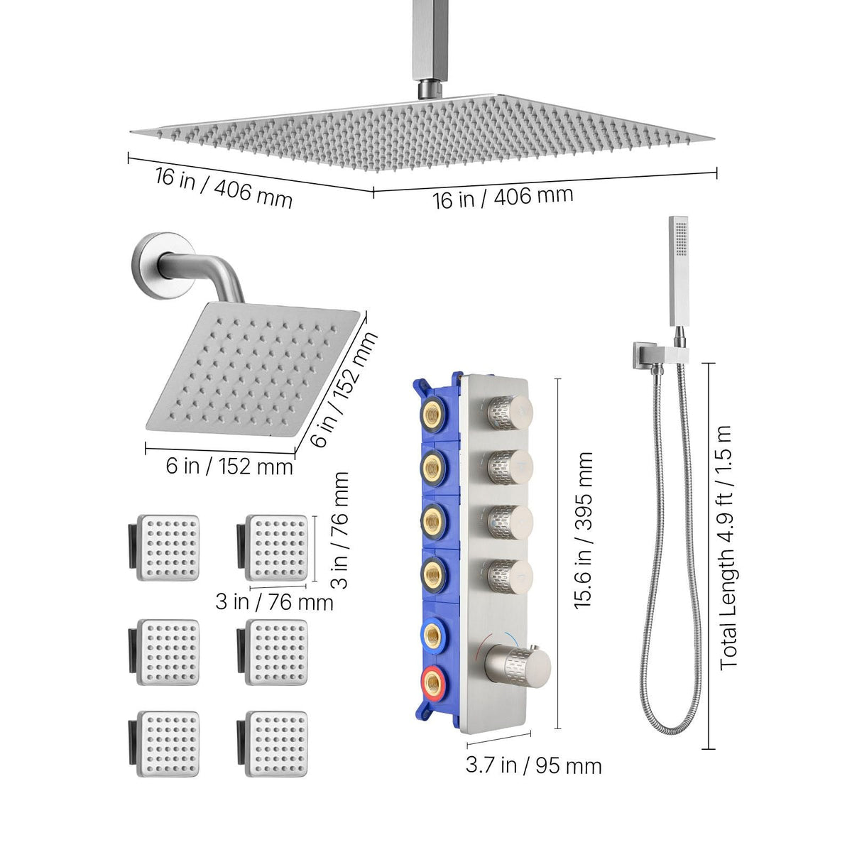 Shower Faucet Set, 16 Inch Thermostatic Ceiling Mount Rainfall Shower System with 6 Inch Wall Mount Head, 6 Body Jets and Handheld Spray, Dual Rain Head Brass Valve and Trim Kit, Brushed Nickel