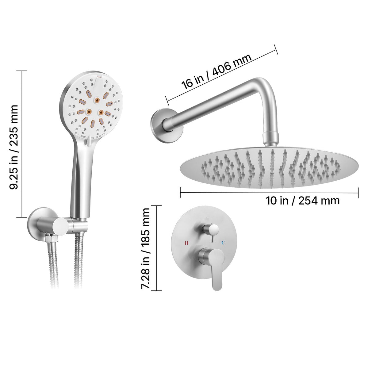 Shower Faucet Set, Rainfall Bathroom Shower System with 10-Inch Round Rain Shower Head and Handheld Spray, Wall Mounted Bath Fixtures with Brass Valve and Trim Kit, Brushed Nickel