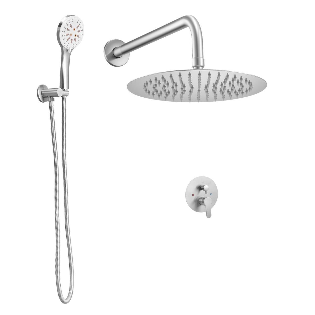 Shower Faucet Set, Rainfall Bathroom Shower System with 10-Inch Round Rain Shower Head and Handheld Spray, Wall Mounted Bath Fixtures with Brass Valve and Trim Kit, Brushed Nickel