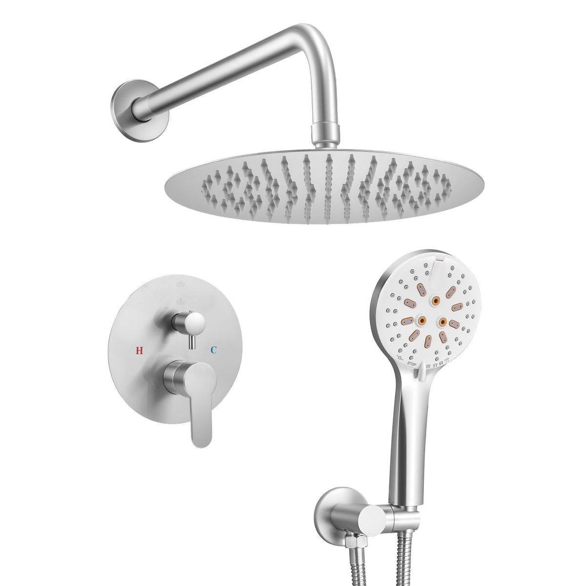 Shower Faucet Set, Rainfall Bathroom Shower System with 10-Inch Round Rain Shower Head and Handheld Spray, Wall Mounted Bath Fixtures with Brass Valve and Trim Kit, Brushed Nickel