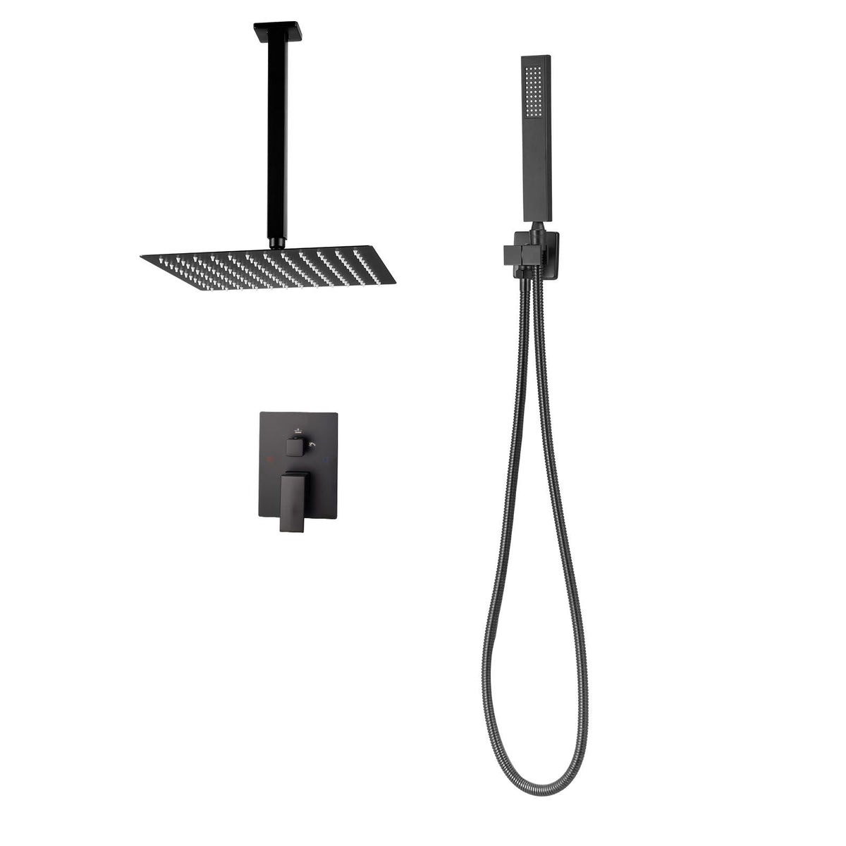 Shower Faucet Set, Rainfall Bathroom Shower System with 12-Inch Square Rain Shower Head and Handheld Spray, Ceiling Mount Bath Fixtures with Brass Valve and Trim Kit, Matte Black