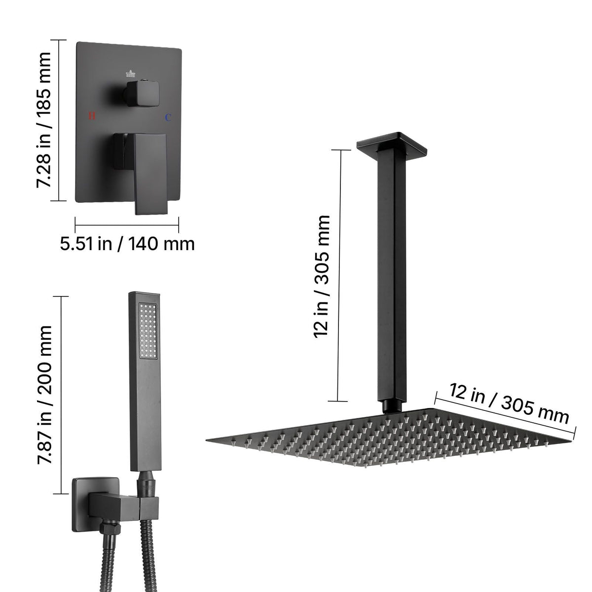 Shower Faucet Set, Rainfall Bathroom Shower System with 12-Inch Square Rain Shower Head and Handheld Spray, Ceiling Mount Bath Fixtures with Brass Valve and Trim Kit, Matte Black