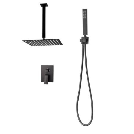 Shower Faucet Set, Rainfall Bathroom Shower System with 12-Inch Square Rain Shower Head and Handheld Spray, Ceiling Mount Bath Fixtures with Brass Valve and Trim Kit, Matte Black