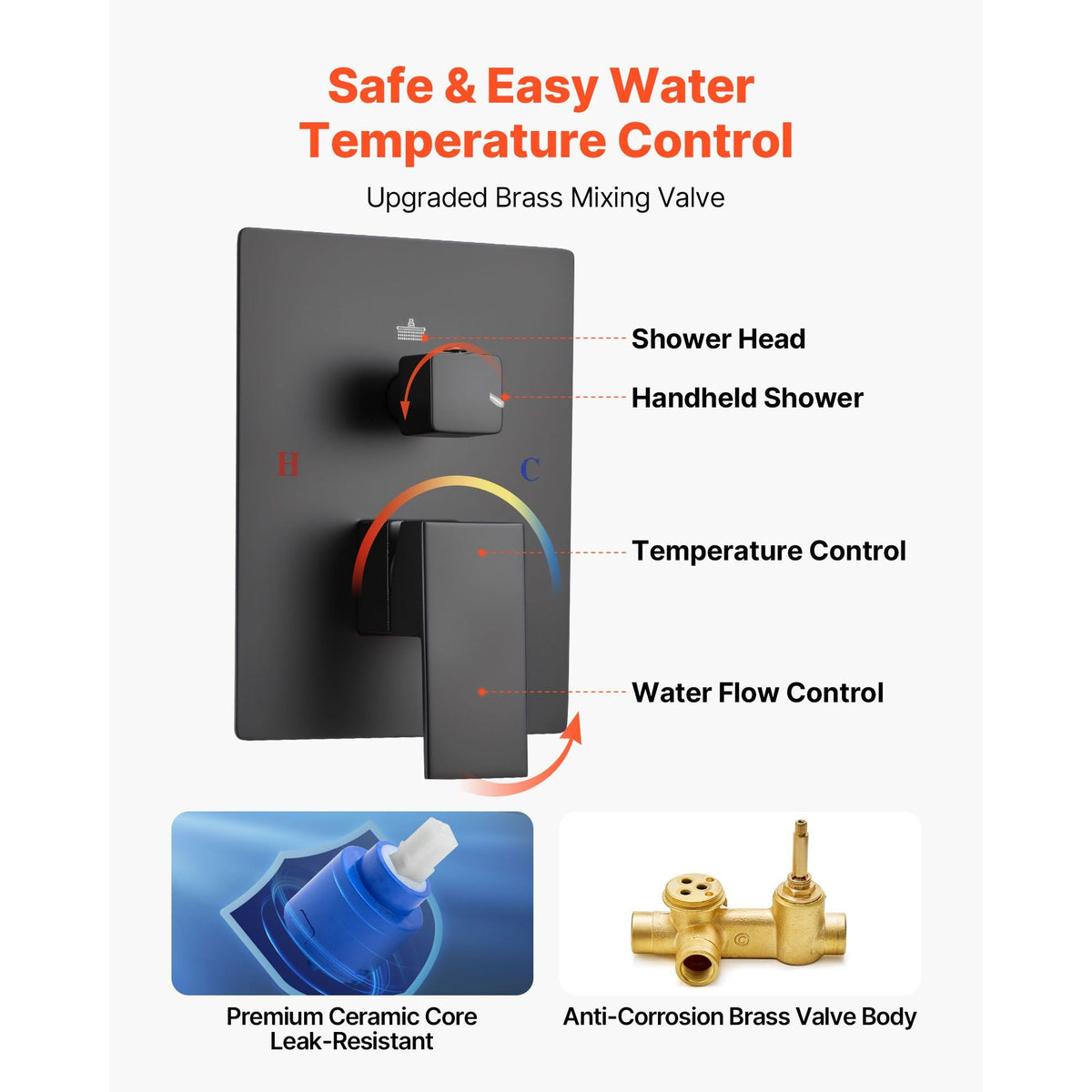 Shower Faucet Set, Rainfall Bathroom Shower System with 12-Inch Square Rain Shower Head and Handheld Spray, Ceiling Mount Bath Fixtures with Brass Valve and Trim Kit, Matte Black