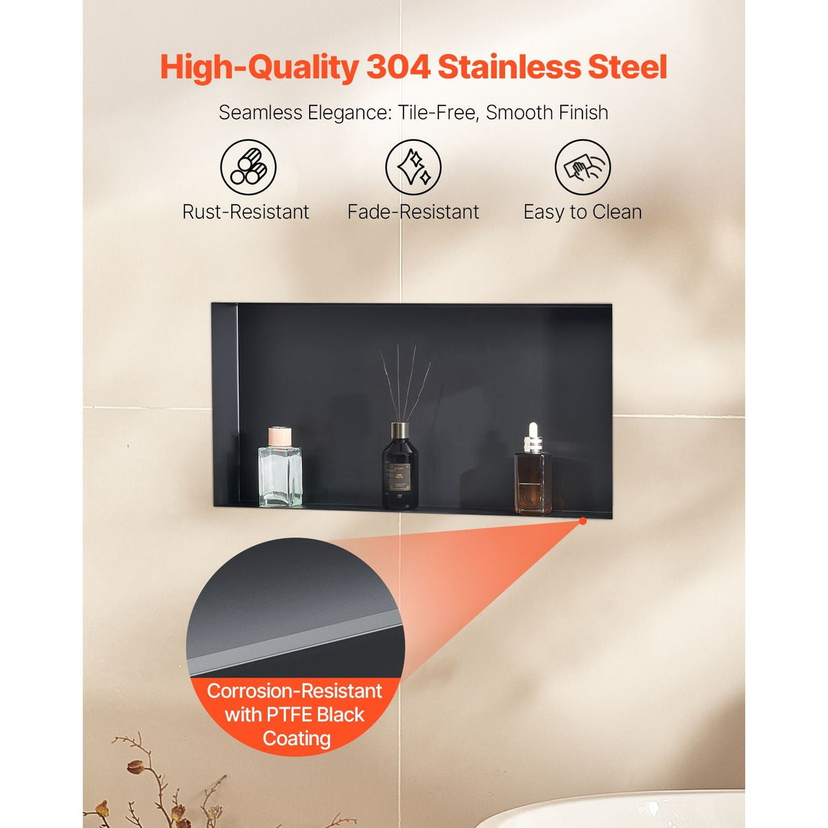 Shower Niche, 13 x 25 x 4 inch Frameless Recessed Wall Niche, Heavy-duty Stainless Steel Modern Shampoo Storage Organizer, Sealed Waterproof, Durable & Easy to Install, Black for Bathroom