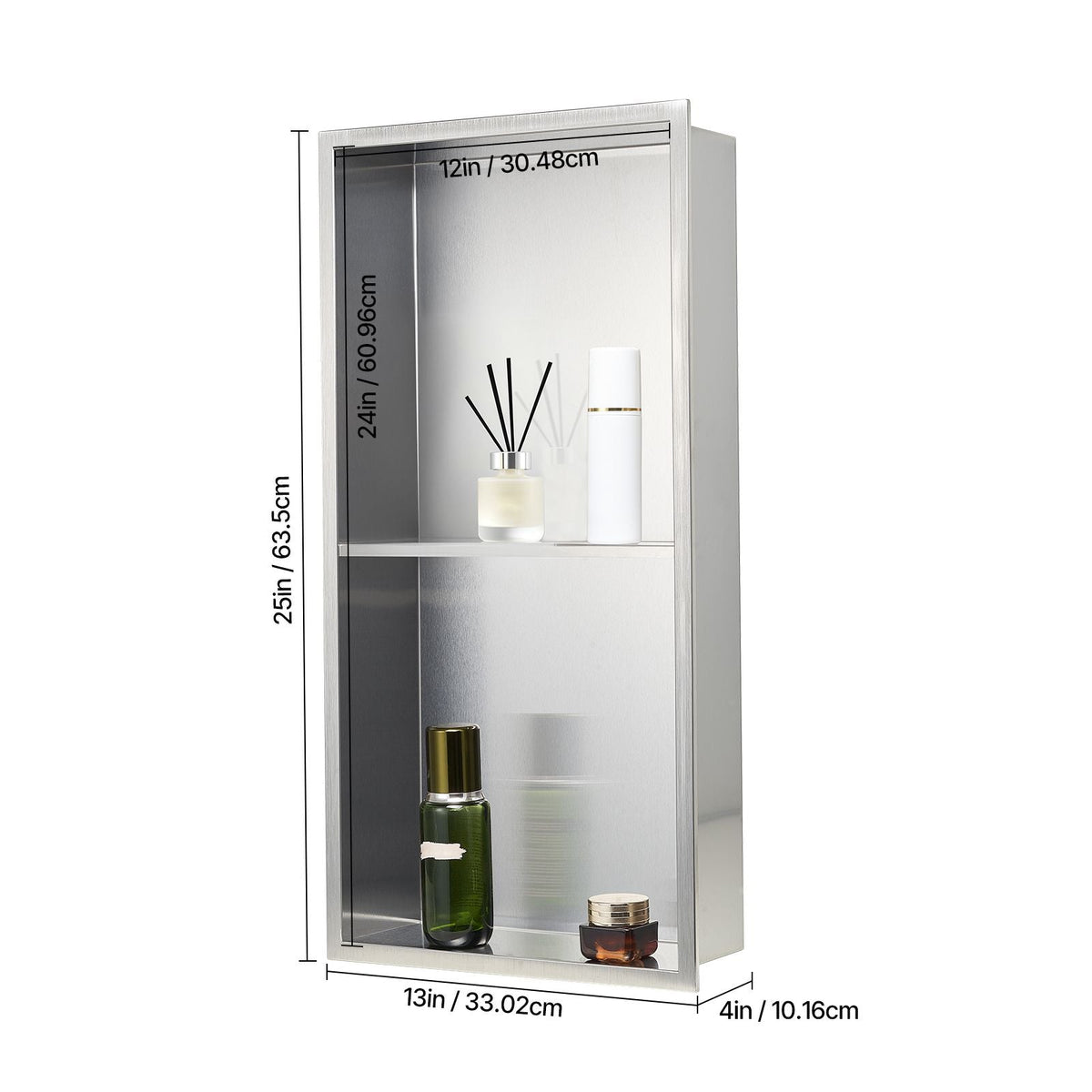 Shower Niche, 13 x 25 x 4 inch Recessed Wall Niche Double-layer, with Hollowed-out Divider,Heavy-duty Stainless Steel Modern Shampoo Storage Organizer,Waterproof, Silver for Bathroom