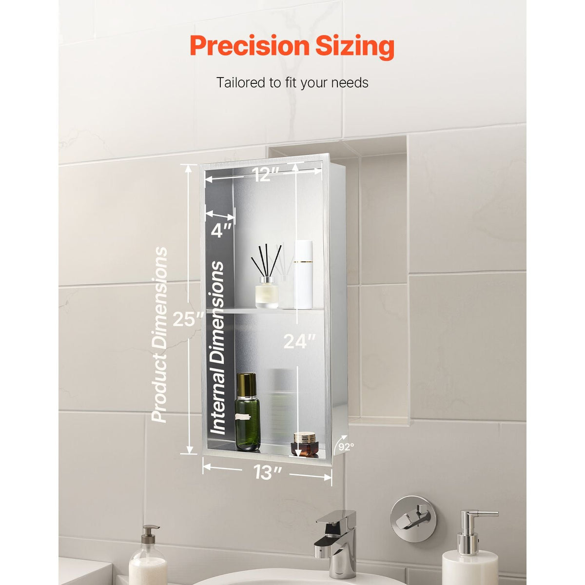 Shower Niche, 13 x 25 x 4 inch Recessed Wall Niche Double-layer, with Hollowed-out Divider,Heavy-duty Stainless Steel Modern Shampoo Storage Organizer,Waterproof, Silver for Bathroom