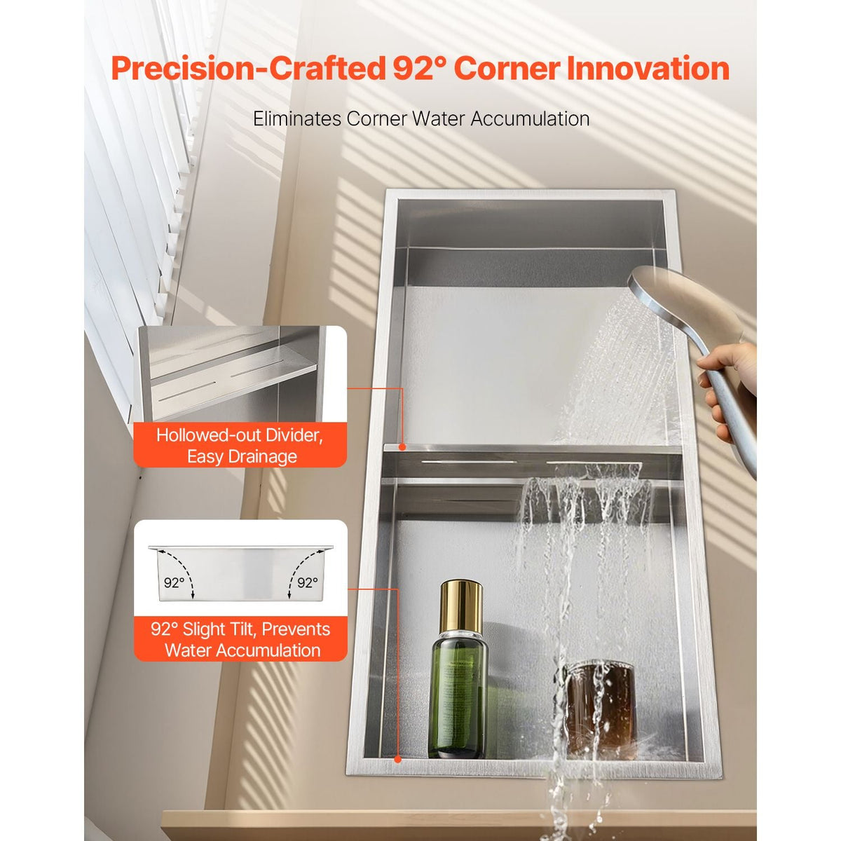 Shower Niche, 13 x 25 x 4 inch Recessed Wall Niche Double-layer, with Hollowed-out Divider,Heavy-duty Stainless Steel Modern Shampoo Storage Organizer,Waterproof, Silver for Bathroom