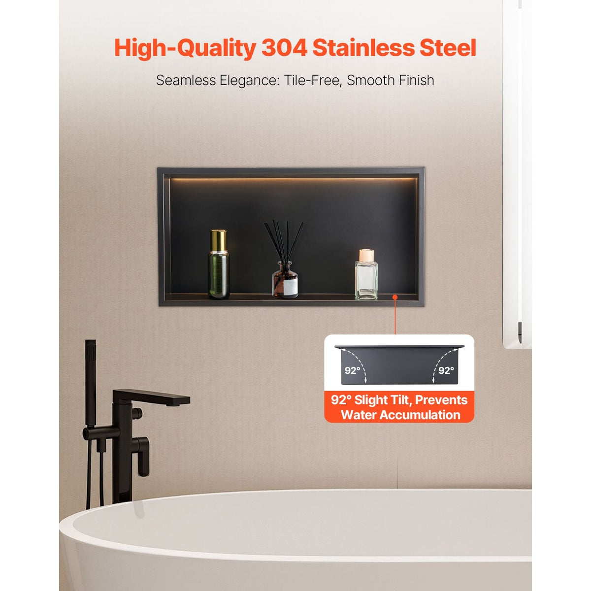 Shower Niche, 13 x 25 x 4 inch Recessed Wall Niche With LED Strip,Heavy-duty Stainless Steel Modern Shampoo Storage Organizer,Sealed Waterproof, Durable & Easy to Install,Black for Bathroom