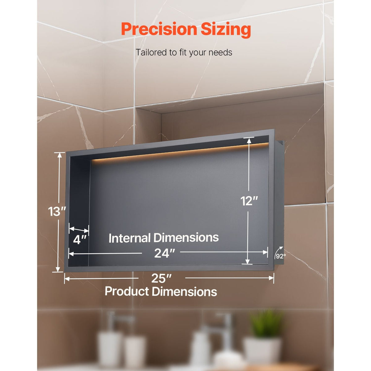 Shower Niche, 13 x 25 x 4 inch Recessed Wall Niche With LED Strip,Heavy-duty Stainless Steel Modern Shampoo Storage Organizer,Sealed Waterproof, Durable & Easy to Install,Black for Bathroom