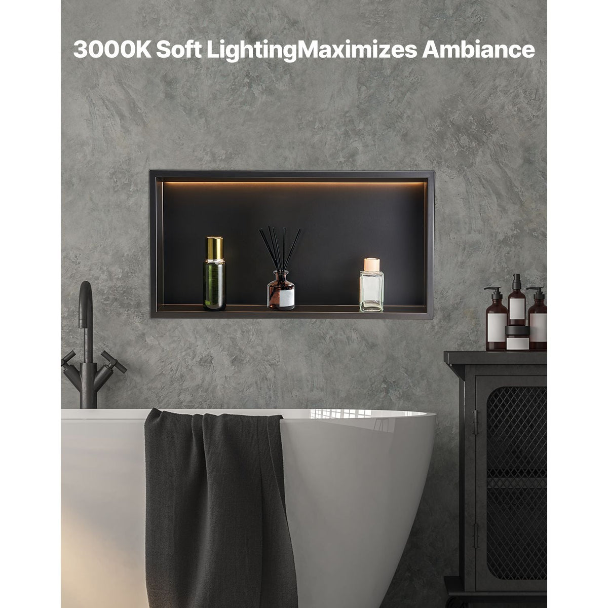 Shower Niche, 13 x 25 x 4 inch Recessed Wall Niche With LED Strip,Heavy-duty Stainless Steel Modern Shampoo Storage Organizer,Sealed Waterproof, Durable & Easy to Install,Black for Bathroom