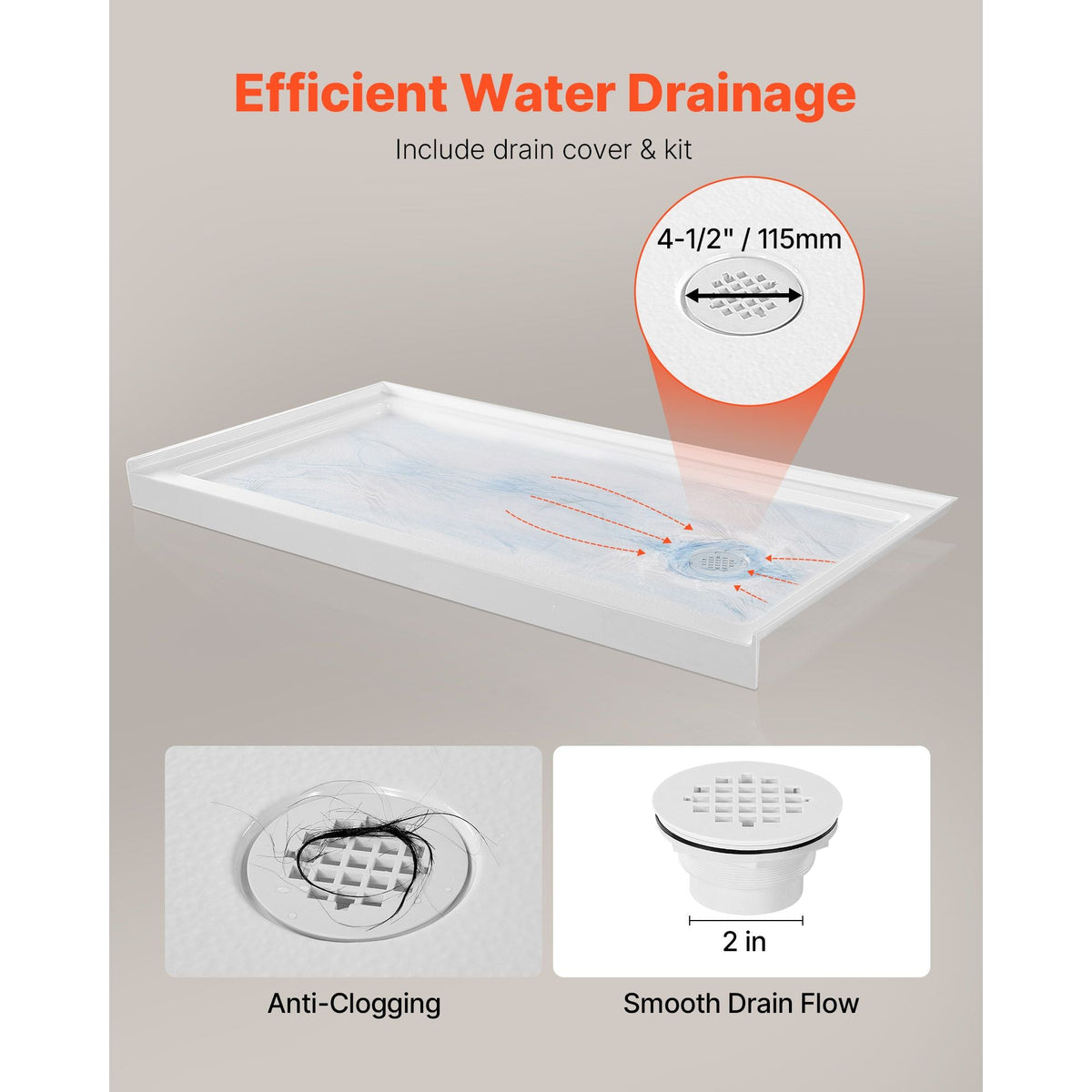 Shower Pan, 60″ L x 30″ W Single Threshold Shower Base, Rectangle Acrylic & PVC Showering Base in White, Slip-Resistant Showering Pan Bases with Drain & Cover for Bathroom, Right Drain Location