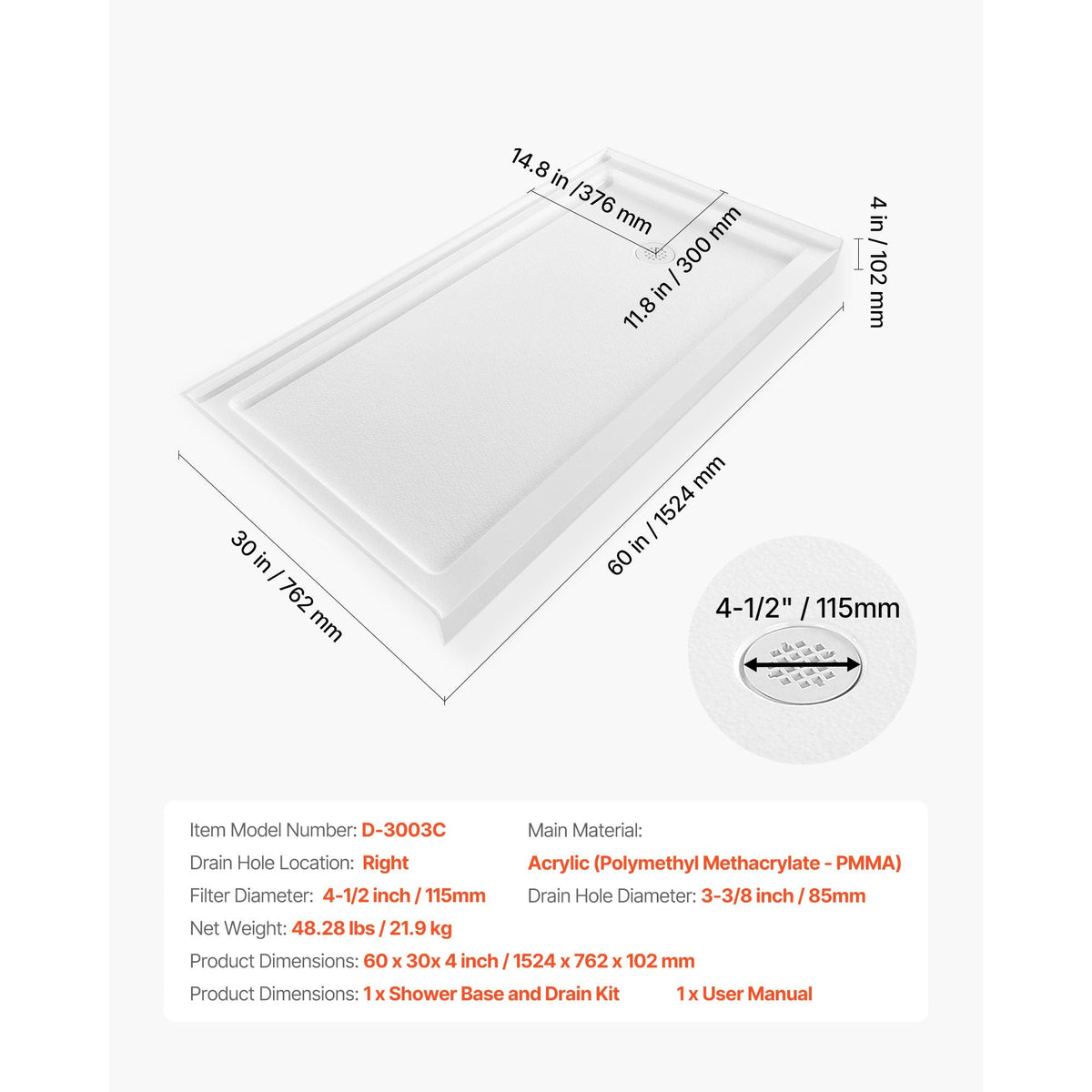 Shower Pan, 60″ L x 30″ W Single Threshold Shower Base, Rectangle Acrylic & PVC Showering Base in White, Slip-Resistant Showering Pan Bases with Drain & Cover for Bathroom, Right Drain Location