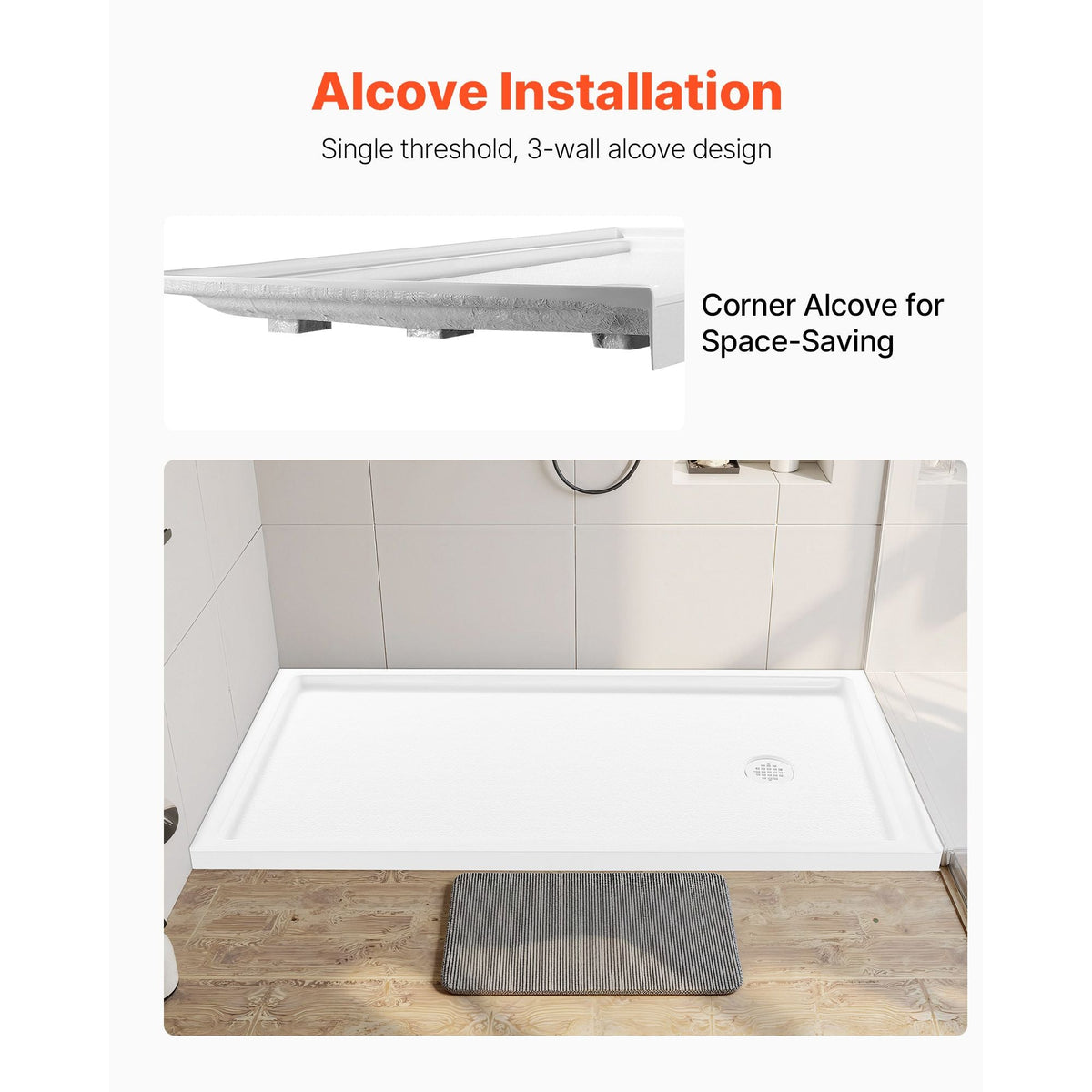 Shower Pan, 60″ L x 30″ W Single Threshold Shower Base, Rectangle Acrylic & PVC Showering Base in White, Slip-Resistant Showering Pan Bases with Drain & Cover for Bathroom, Right Drain Location