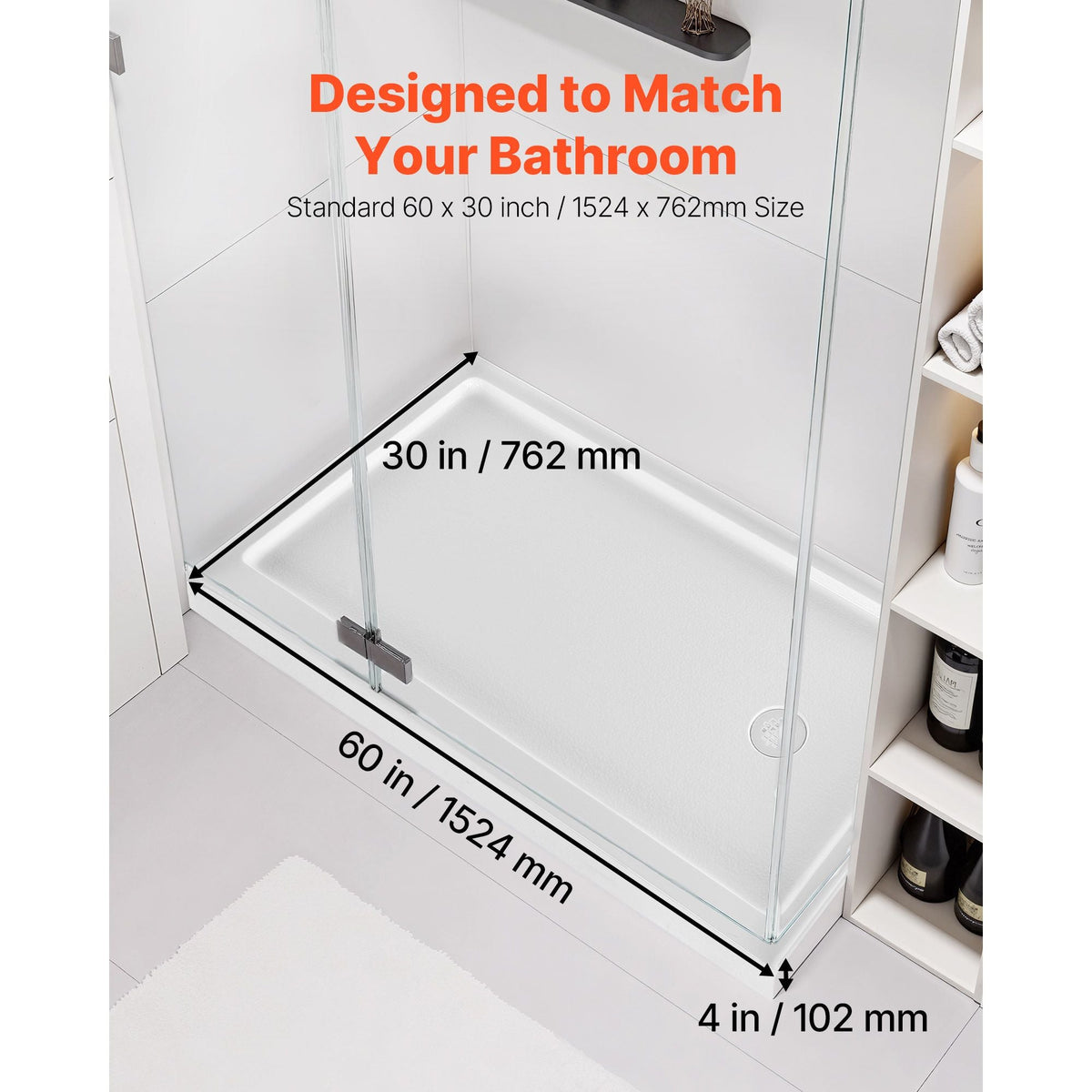 Shower Pan, 60″ L x 30″ W Single Threshold Shower Base, Rectangle Acrylic & PVC Showering Base in White, Slip-Resistant Showering Pan Bases with Drain & Cover for Bathroom, Right Drain Location