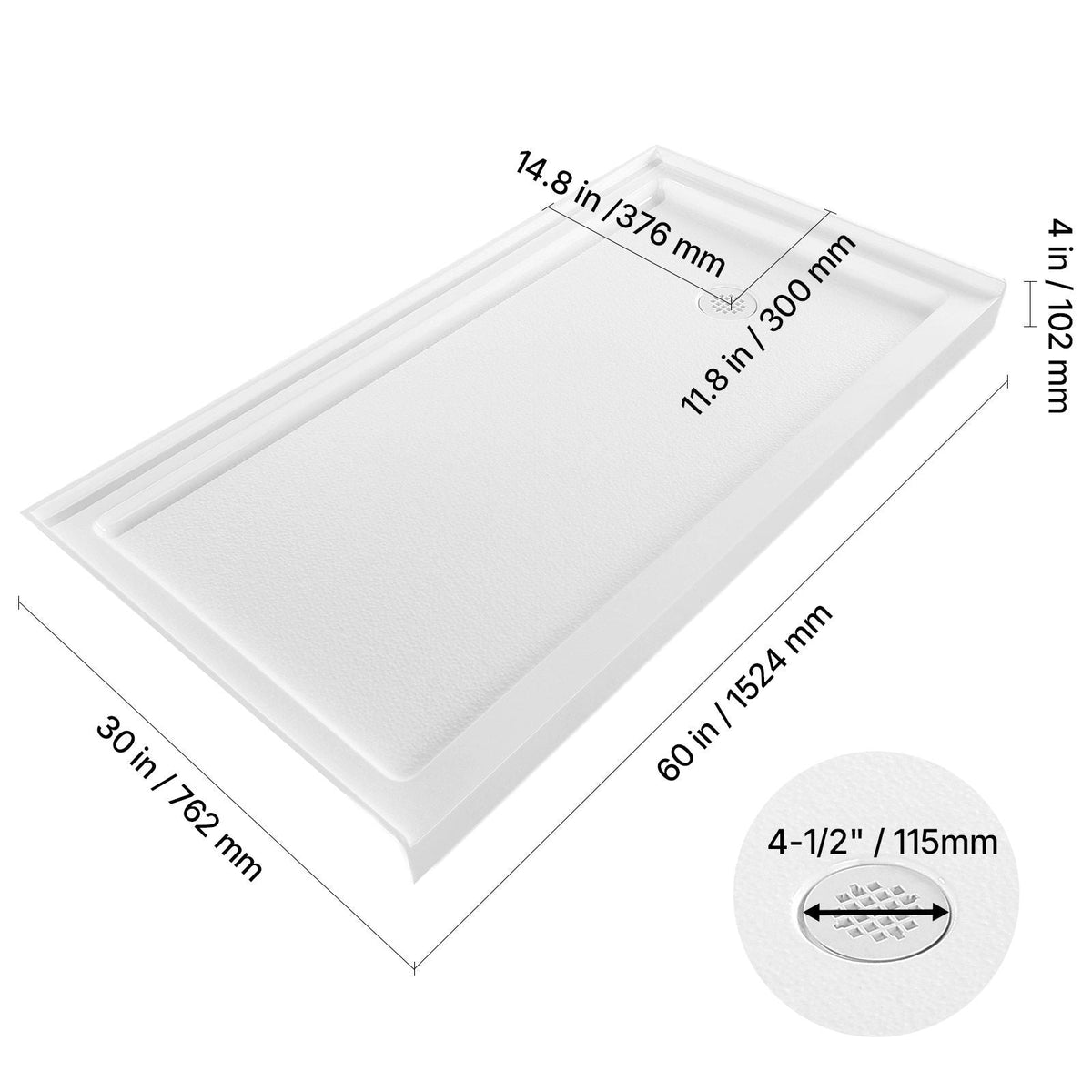 Shower Pan, 60″ L x 30″ W Single Threshold Shower Base, Rectangle Acrylic & PVC Showering Base in White, Slip-Resistant Showering Pan Bases with Drain & Cover for Bathroom, Right Drain Location