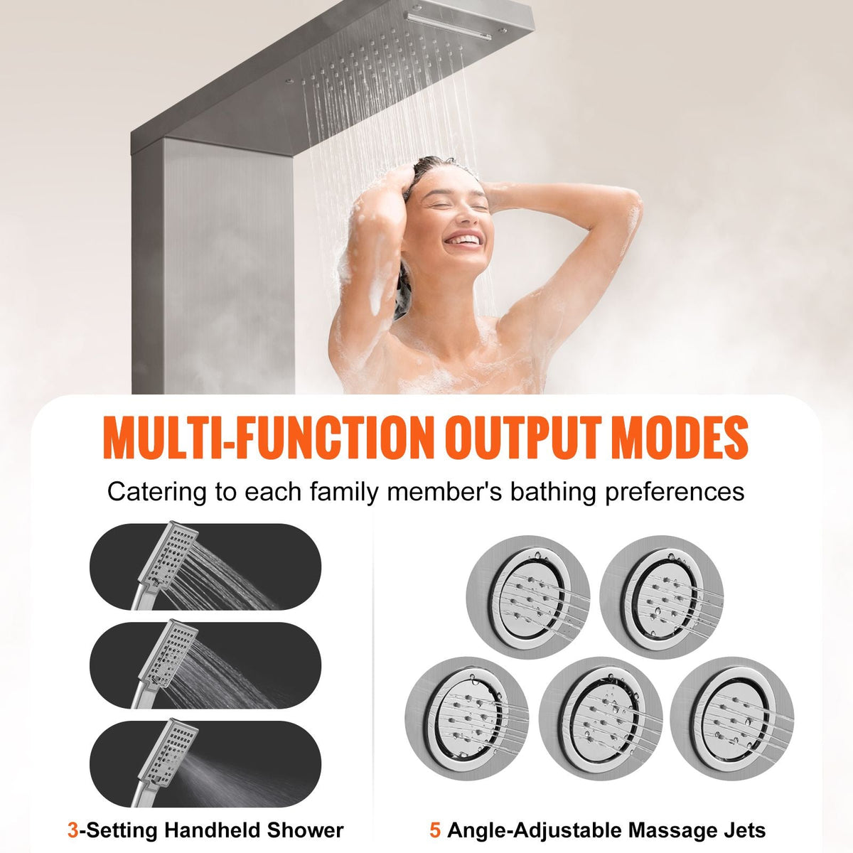 Shower Panel System, 4 Shower Modes Shower Panel Tower, Rainfall, Waterfall, 5 Full Body Massage Jets and 3-Setting Handheld Shower Head with 59" Hose, Stainless Steel Wall-Mounted Shower Set