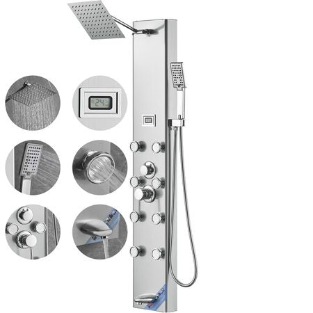 Shower Panel System, 5 Shower Modes, Digital Display Shower Panel Tower, Rainfall, 8 Massage Jets, Tub Spout, 3-Setting Handheld Shower Head 59" Hose, Stainless Steel Wall-Mounted Shower Set