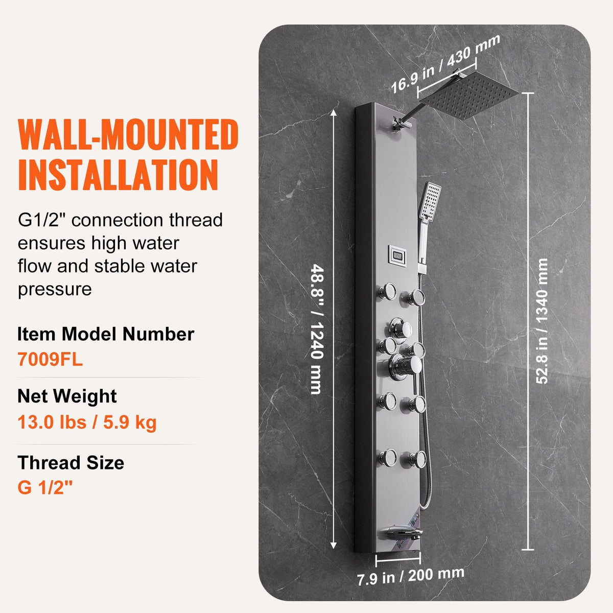 Shower Panel System, 5 Shower Modes, Digital Display Shower Panel Tower, Rainfall, 8 Massage Jets, Tub Spout, 3-Setting Handheld Shower Head 59" Hose, Stainless Steel Wall-Mounted Shower Set