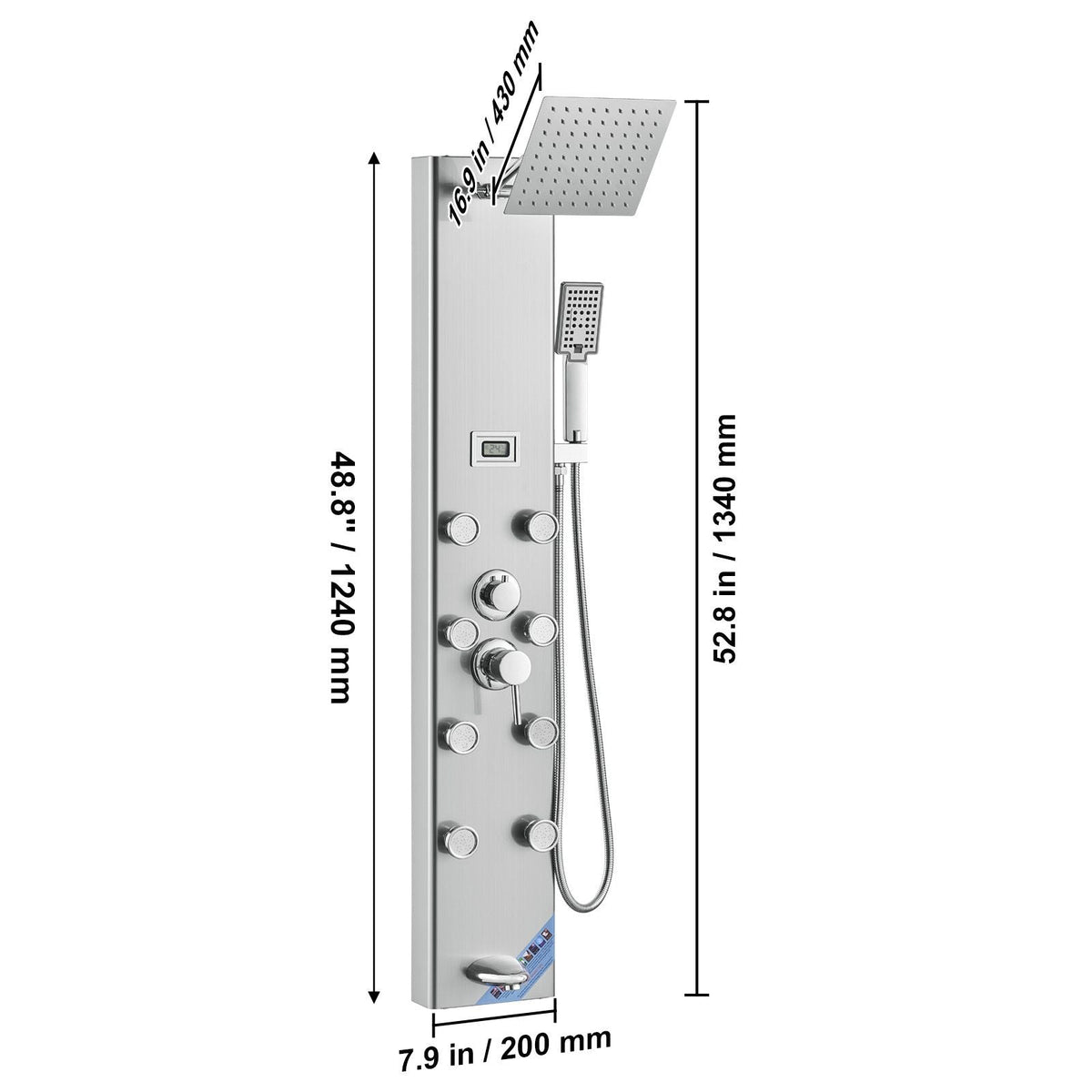 Shower Panel System, 5 Shower Modes, Digital Display Shower Panel Tower, Rainfall, 8 Massage Jets, Tub Spout, 3-Setting Handheld Shower Head 59" Hose, Stainless Steel Wall-Mounted Shower Set