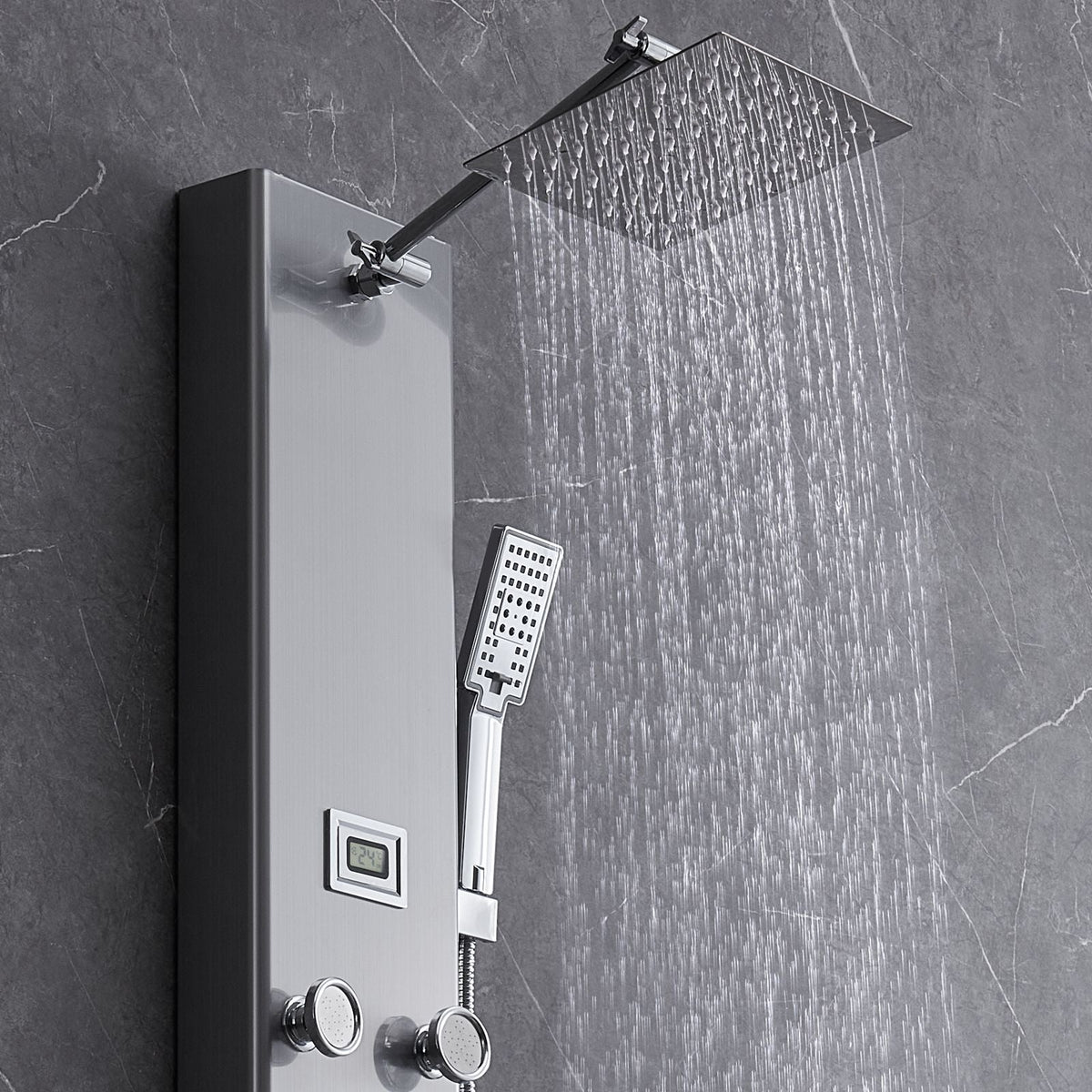 Shower Panel System, 5 Shower Modes, Digital Display Shower Panel Tower, Rainfall, 8 Massage Jets, Tub Spout, 3-Setting Handheld Shower Head 59" Hose, Stainless Steel Wall-Mounted Shower Set
