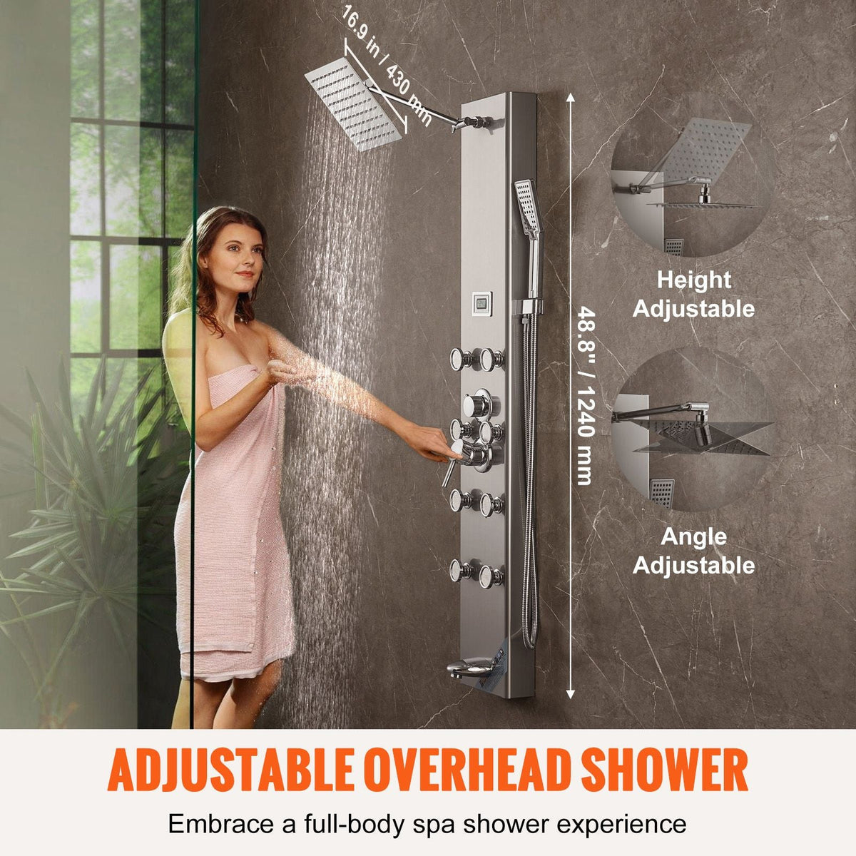 Shower Panel System, 5 Shower Modes, Digital Display Shower Panel Tower, Rainfall, 8 Massage Jets, Tub Spout, 3-Setting Handheld Shower Head 59" Hose, Stainless Steel Wall-Mounted Shower Set