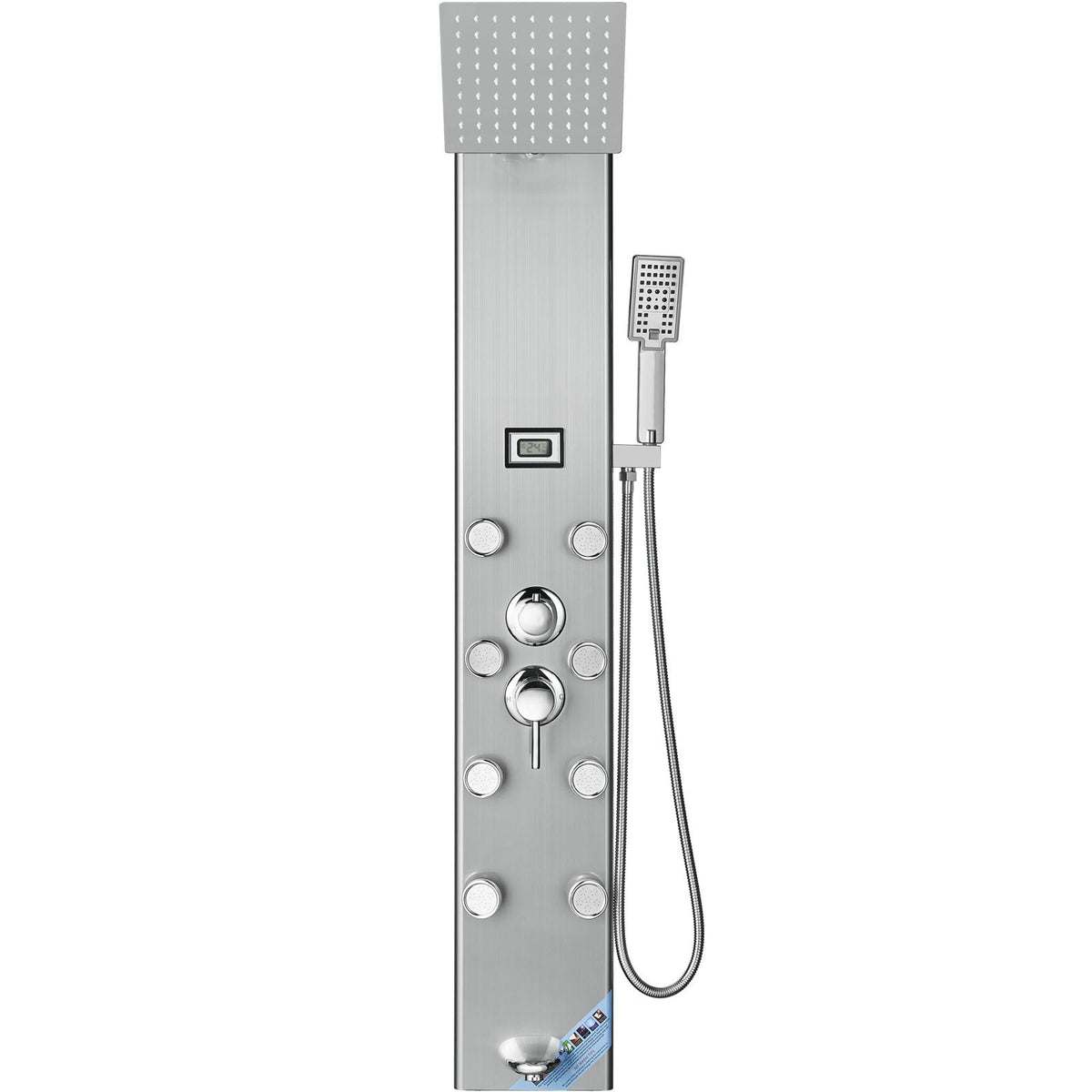 Shower Panel System, 5 Shower Modes, Digital Display Shower Panel Tower, Rainfall, 8 Massage Jets, Tub Spout, 3-Setting Handheld Shower Head 59" Hose, Stainless Steel Wall-Mounted Shower Set