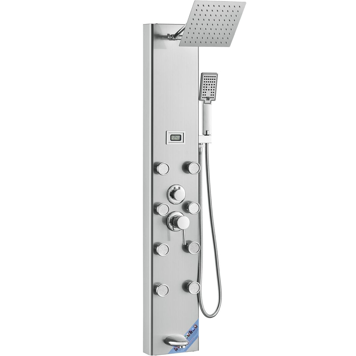 Shower Panel System, 5 Shower Modes, Digital Display Shower Panel Tower, Rainfall, 8 Massage Jets, Tub Spout, 3-Setting Handheld Shower Head 59" Hose, Stainless Steel Wall-Mounted Shower Set