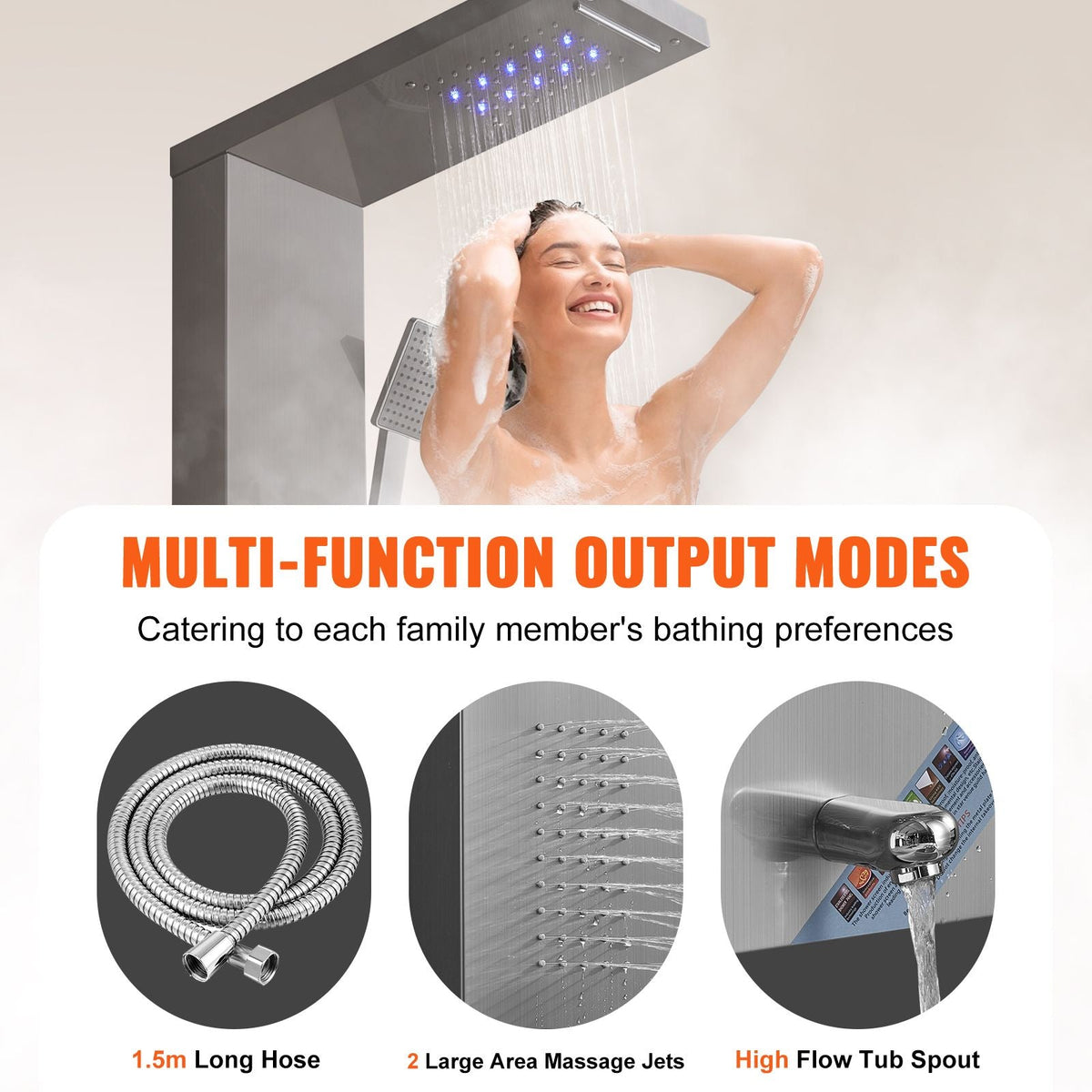 Shower Panel System, 5 Shower Modes, LED Shower Panel Tower, Rainfall, Waterfall, 2 Body Massage Jets, Tub Spout, Handheld Shower Head with 59" Hose, Stainless Steel Wall-Mounted Shower Set