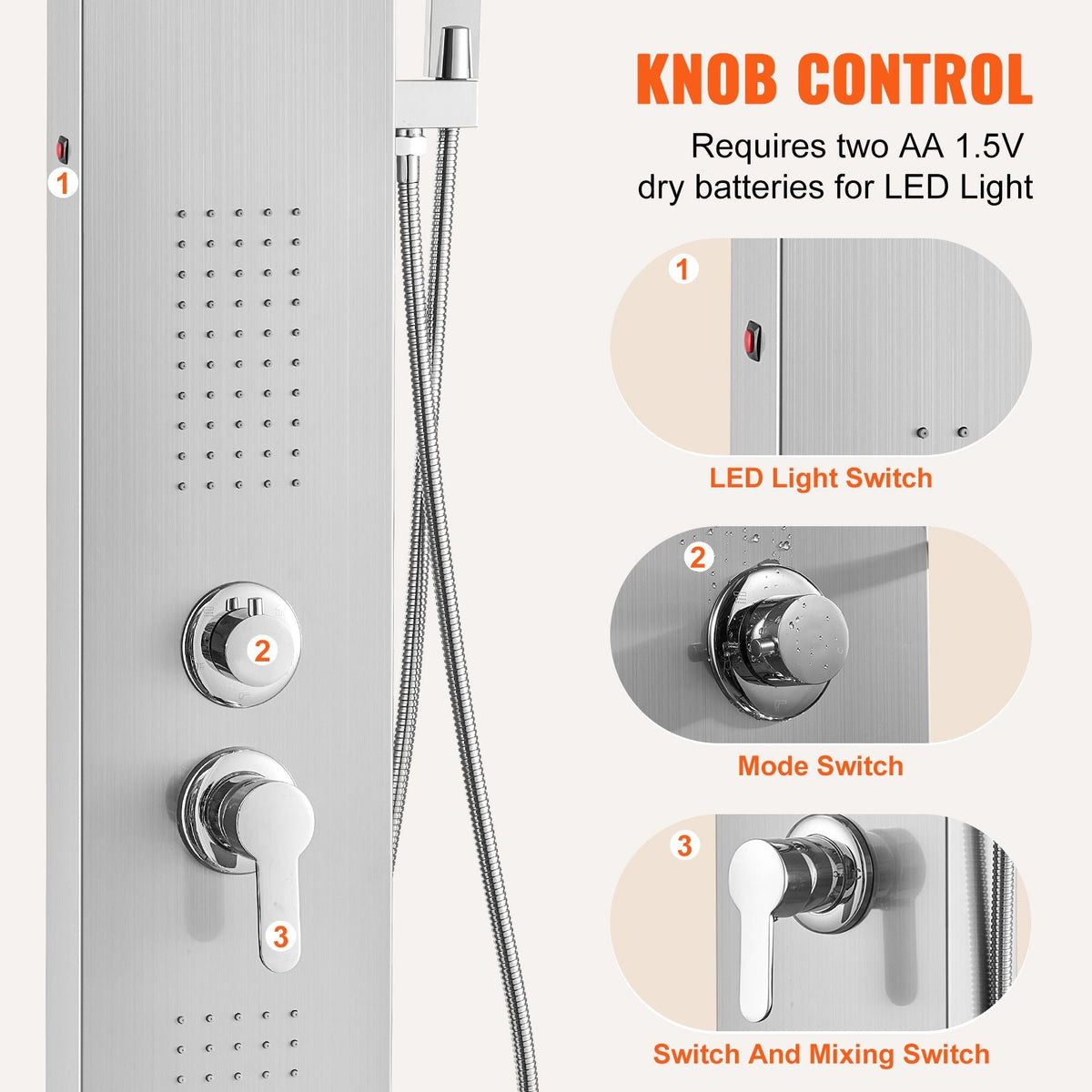 Shower Panel System, 5 Shower Modes, LED Shower Panel Tower, Rainfall, Waterfall, 2 Body Massage Jets, Tub Spout, Handheld Shower Head with 59" Hose, Stainless Steel Wall-Mounted Shower Set