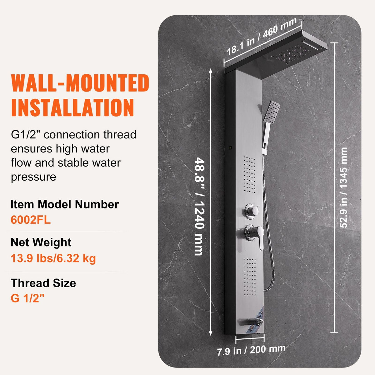 Shower Panel System, 5 Shower Modes, LED Shower Panel Tower, Rainfall, Waterfall, 2 Body Massage Jets, Tub Spout, Handheld Shower Head with 59" Hose, Stainless Steel Wall-Mounted Shower Set