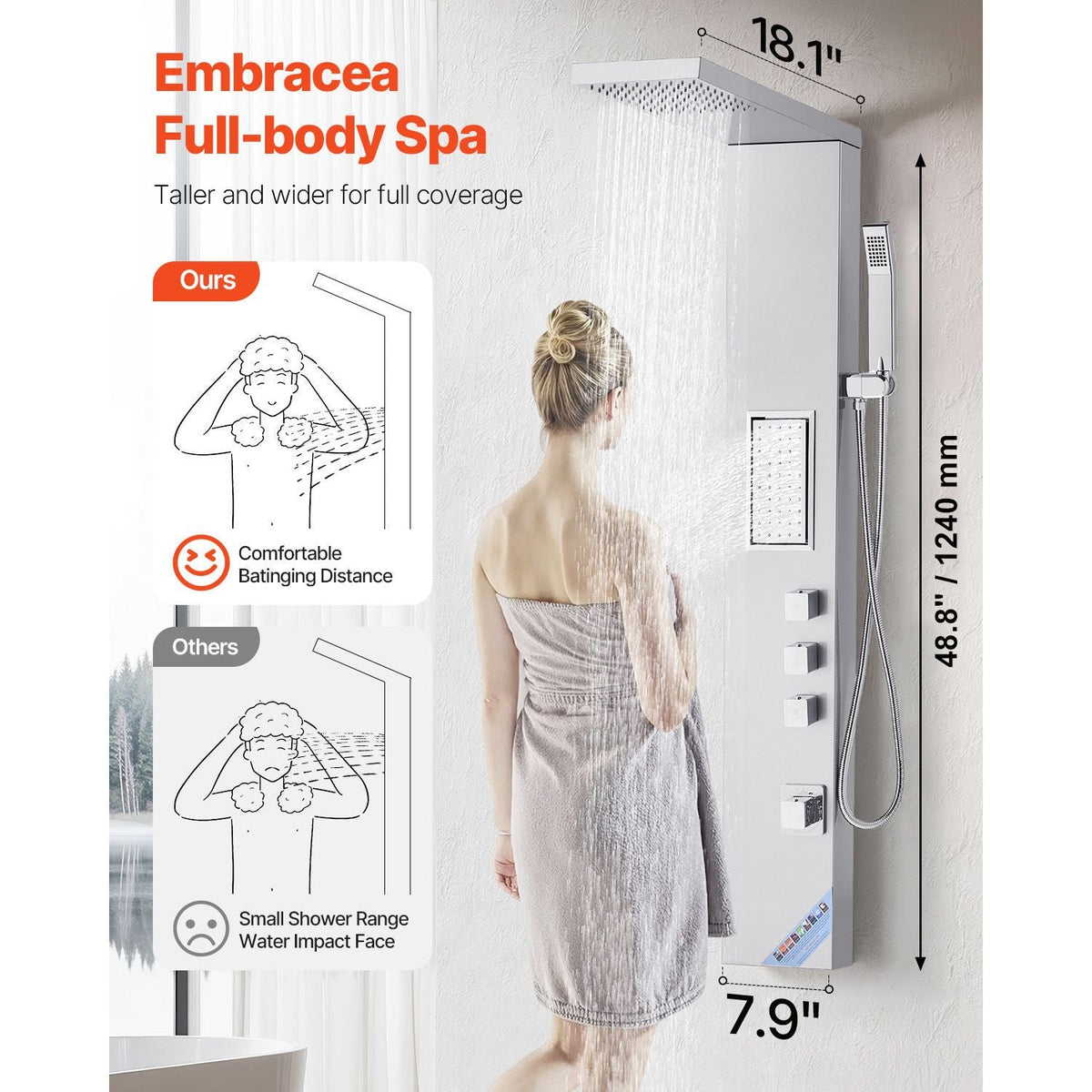 Shower Panel Tower System with Rainfall Shower Head, 53 in Brushed Stainless Steel Shower Column, 3-Function Faucet, High Pressure Wall-Mount Rain Massage System, with Large Body Jet, Handheld