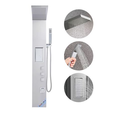 Shower Panel Tower System with Rainfall Shower Head, 53 in Brushed Stainless Steel Shower Column, 3-Function Faucet, High Pressure Wall-Mount Rain Massage System, with Large Body Jet, Handheld