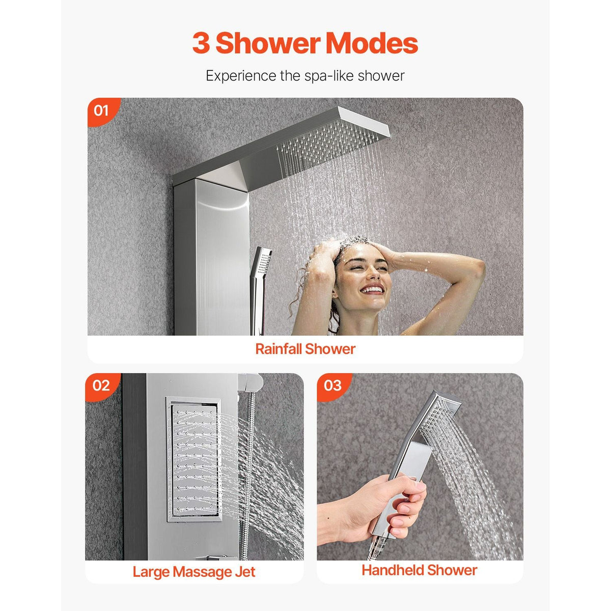 Shower Panel Tower System with Rainfall Shower Head, 53 in Brushed Stainless Steel Shower Column, 3-Function Faucet, High Pressure Wall-Mount Rain Massage System, with Large Body Jet, Handheld