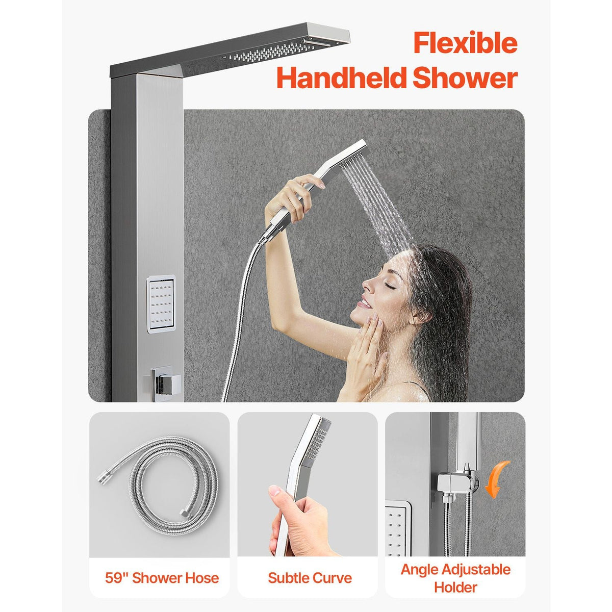 Shower Panel Tower System with Rainfall Shower Head, 53 in Brushed Stainless Steel Shower Column, 3-Function Faucet, High Pressure Wall-Mount Rain Massage System, with Large Body Jet, Handheld