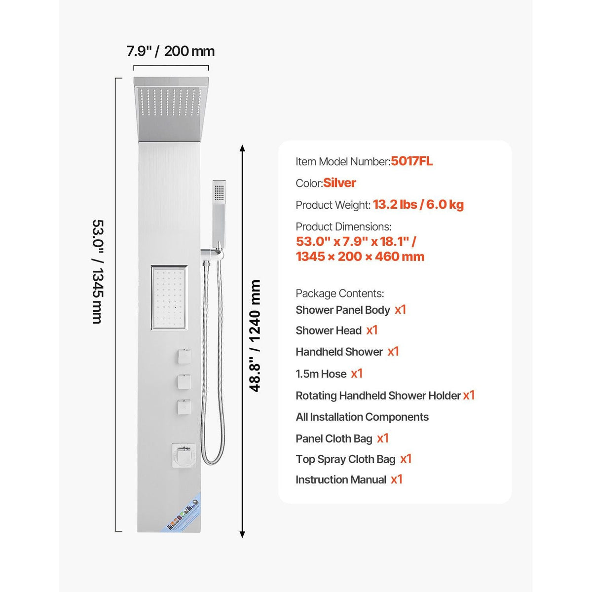 Shower Panel Tower System with Rainfall Shower Head, 53 in Brushed Stainless Steel Shower Column, 3-Function Faucet, High Pressure Wall-Mount Rain Massage System, with Large Body Jet, Handheld