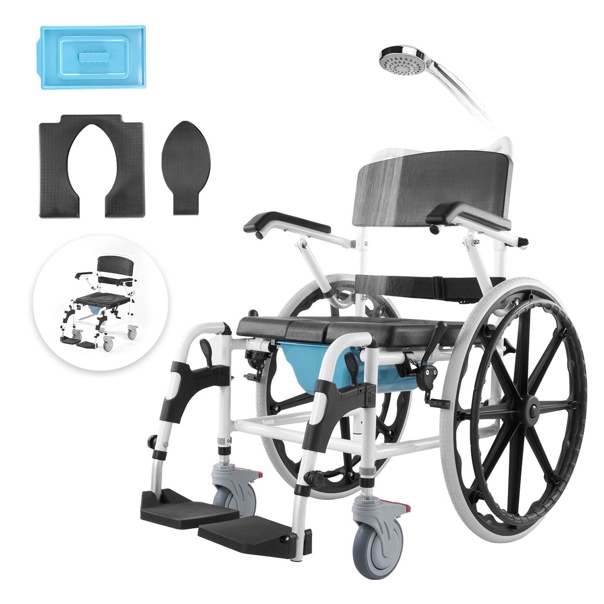 Shower Wheelchair, 17.5in Width Aluminum Alloy Bathroom Wheelchair for Inside Shower, Adjustable Rolling Shower Chair w/ Brake for Disabled Adult, 300 lbs Capacity Shower Commode Transport Chair