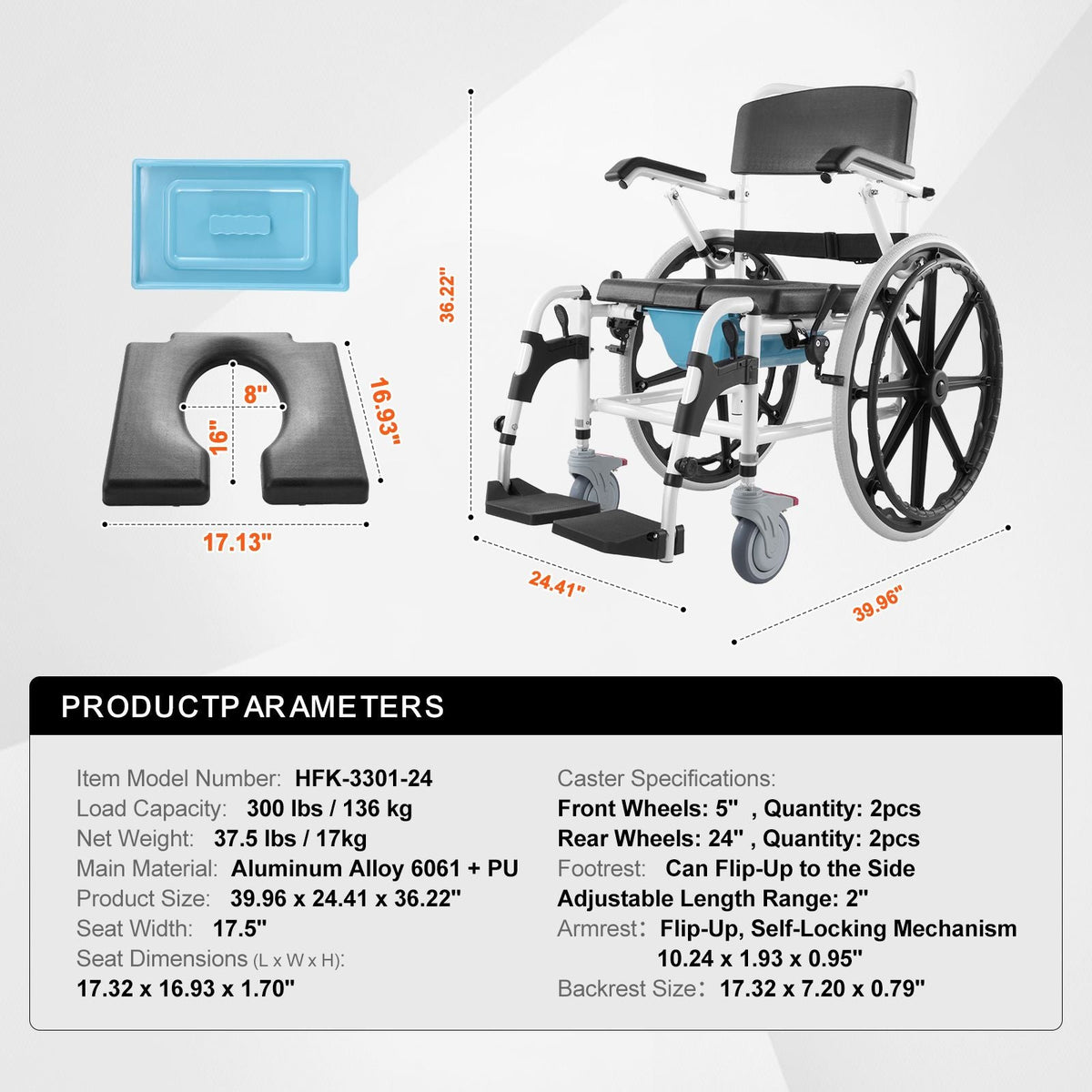 Shower Wheelchair, 17.5in Width Aluminum Alloy Bathroom Wheelchair for Inside Shower, Adjustable Rolling Shower Chair w/ Brake for Disabled Adult, 300 lbs Capacity Shower Commode Transport Chair