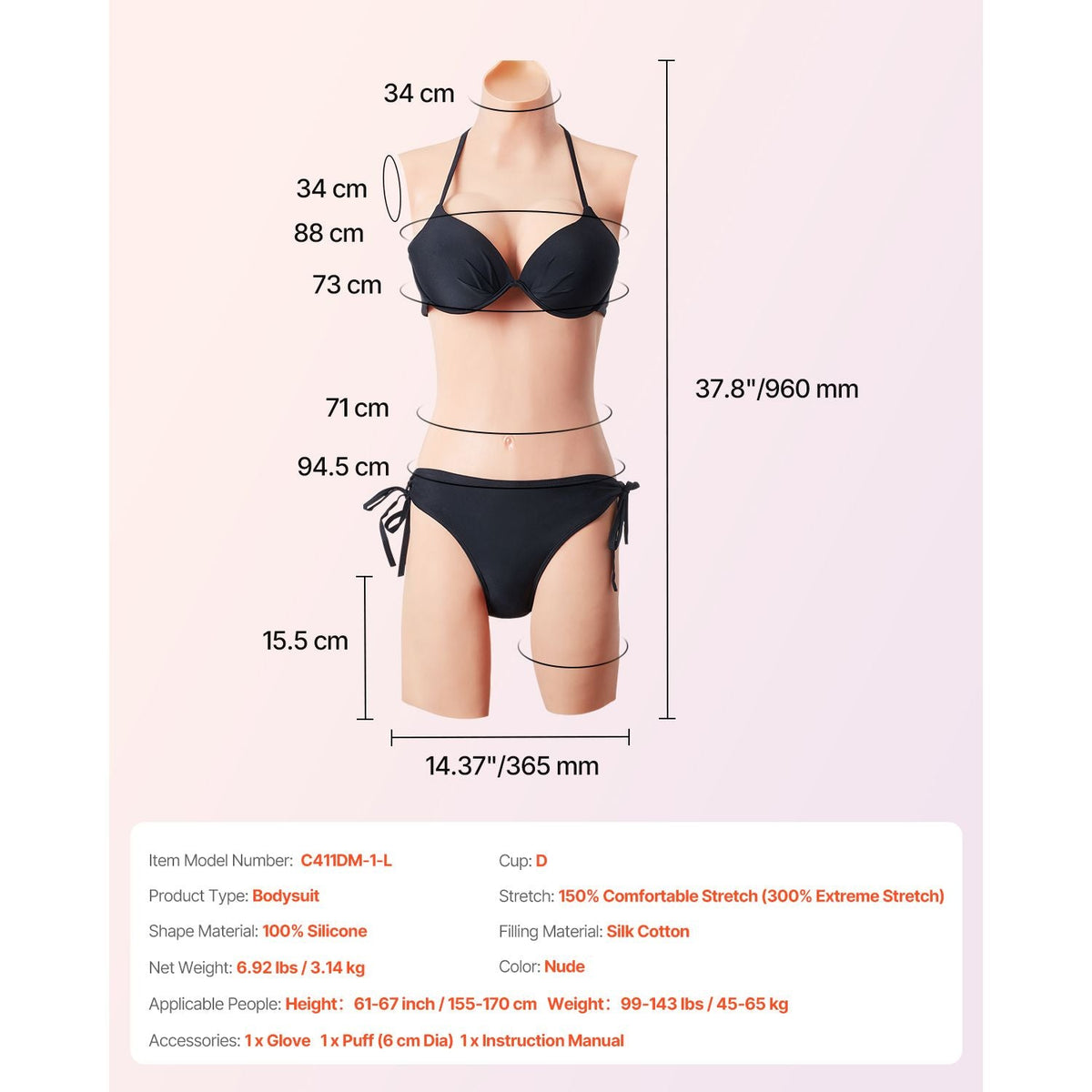 Silicone Bodysuit, D-Cup Silicone Breastplate for Crossdressers, Realistic Silk Cotton-Filled Fake Boobs Breast Forms for Transgender Cosplay Drag Queen, Nude